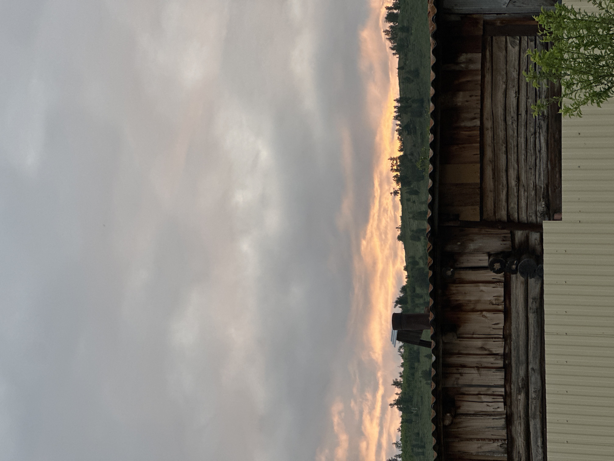 A landscape features a building adjacent to a field with trees under a cloudy, sunset-colored sky. The building has a rustic wooden section with a corrugated metal roof and a newer section with vertical siding. A pipe protrudes from the wooden section. A bush or tree branch is visible on the right edge of the frame. The field with trees stretches into the distance, with the sky transitioning from grey clouds to hues of orange and yellow near the horizon.