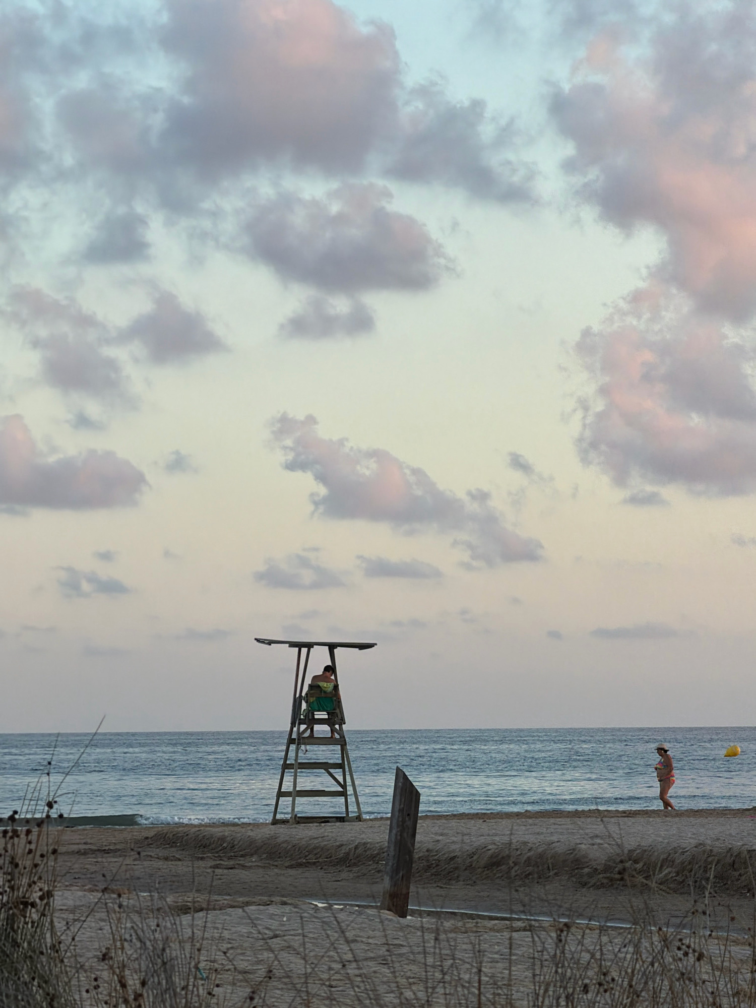 In Salou, Spain, a serene beach scene unfolds at dusk under a sky painted with soft hues of pink and blue clouds. The calm sea stretches to the horizon, meeting the sandy shore where dry grass and driftwood dot the foreground. A tall lifeguard tower stands prominently on the beach, with a person seated in the observation chair, wearing a green garment. Further down the beach, a woman in a bikini walks near the water's edge, accompanied by a yellow buoy floating in the sea. The overall atmosphere is peaceful and tranquil, capturing the quiet beauty of the coast.