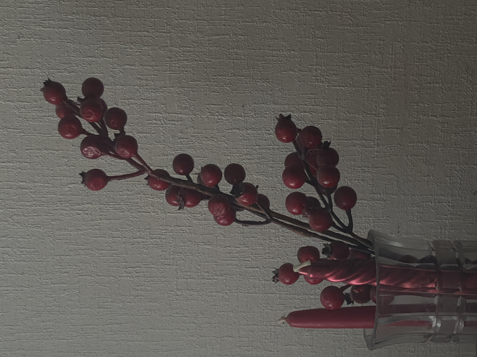 The image displays a close-up shot of a still life arrangement featuring a sprig of artificial red berries and two red candles in a clear glass vase. The background is a textured, light-colored wall. The lighting appears to be dim, casting subtle shadows. The scene is indoor and does not provide any specific indicators of its location within the city of Kolpino, Russia.