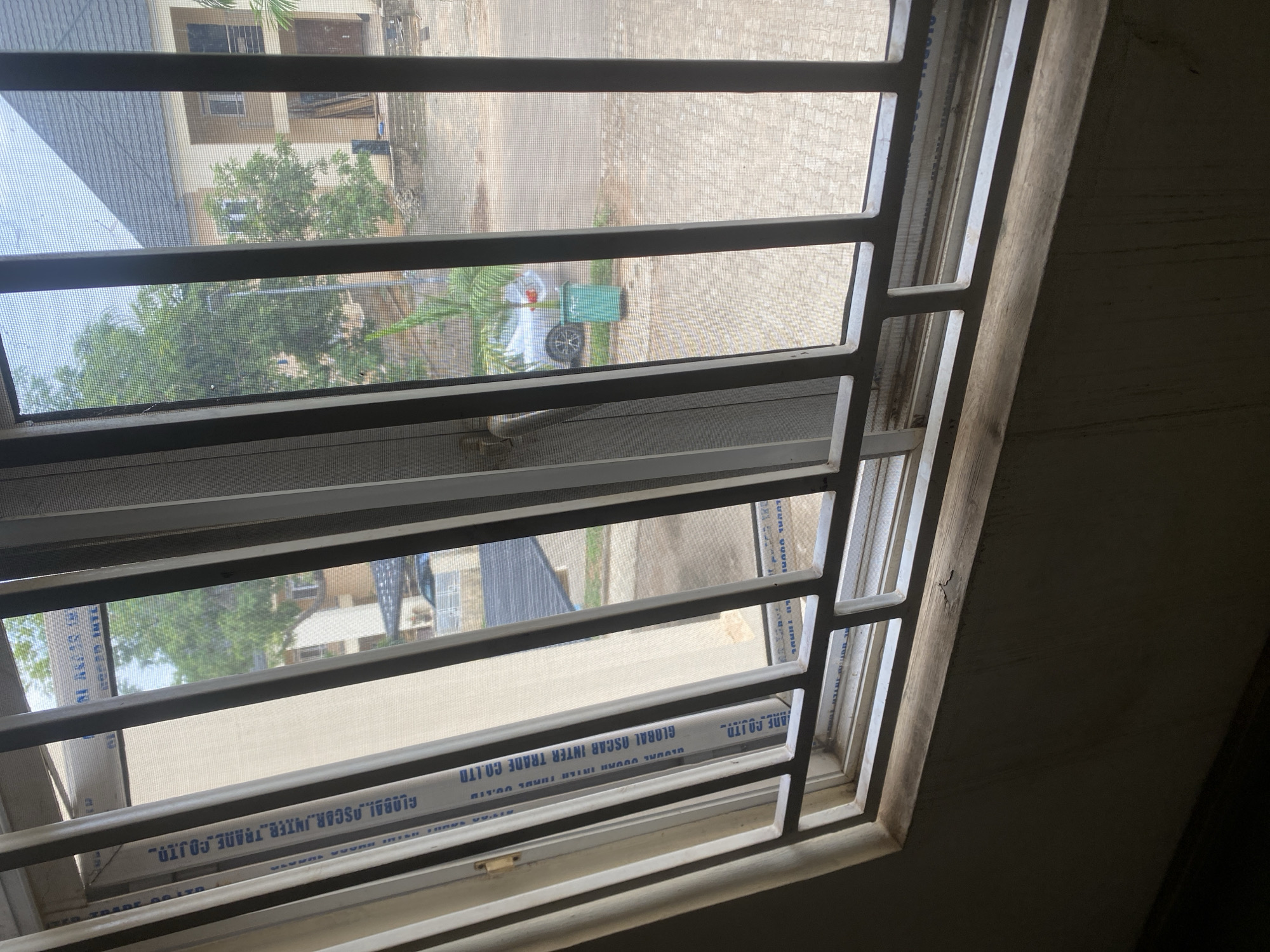 The image depicts a view through a barred window with a mesh screen. Outside, there is a paved area, possibly a street or a parking lot, with trees and buildings visible. A person in white and a green trash can are also visible. Text is printed on the window frame, "GLOBAL OSCAR INTER TRADE CO. LTD". The image was taken indoors. Abuja, Nigeria is presumed as the location based on the text on the frame.