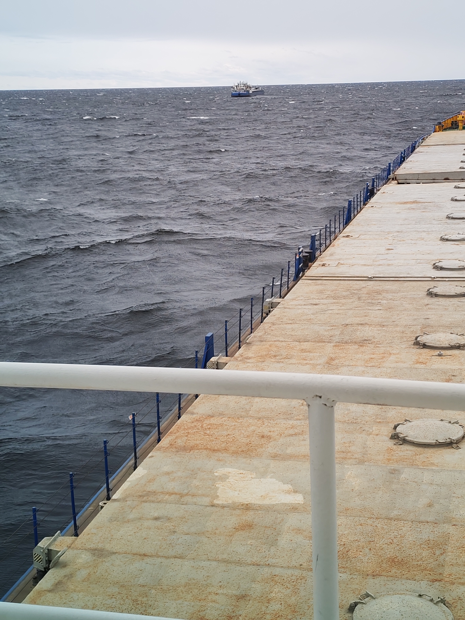The image presents a wide view from the deck of a large vessel, looking out over a vast expanse of dark, choppy water under an overcast sky. The foreground shows the vessel's sturdy deck, made of a grey, concrete-like material with extensive rust stains and several circular hatch covers. A white railing runs across the lower portion of the frame, suggesting the perspective is from an elevated position on the ship. Along the starboard edge of the deck, a blue metal railing with thin wires acts as a safety barrier, separating the deck from the rough water below.
The water surface is characterized by numerous small, agitated waves and whitecaps, indicating windy conditions. In the mid-distance, on the horizon, another ship, predominantly blue and white with a distinct superstructure, is visible, suggesting other vessels are navigating the same waters. The sky is uniformly grey and cloudy, with no discernible sunlight, implying an overcast day. No people are visible in the scene. The setting, identified as Shcheleiki, Russia, suggests this maritime view is likely from a large lake, river, or coastal area in that region. There is no visible text in the image.