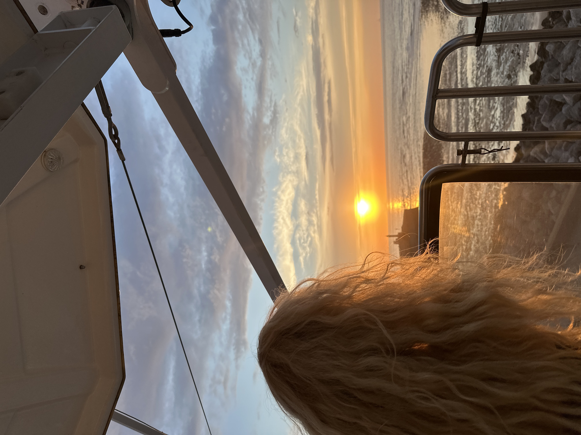 The image shows a blonde person's head and shoulders from behind, with their curly hair illuminated by the setting sun. They are looking out at the ocean from what appears to be an elevated viewpoint, possibly a Ferris wheel or observation deck, as suggested by the white structure and metal railing in the foreground. The sun is low on the horizon, casting a warm, orange glow across the water and sky, with wispy clouds scattered across the sky. In the distance, a lighthouse can be seen on the coastline. The setting is the beach and sea at Le Tréport, France, a coastal town known for its tall chalk cliffs and fishing port.