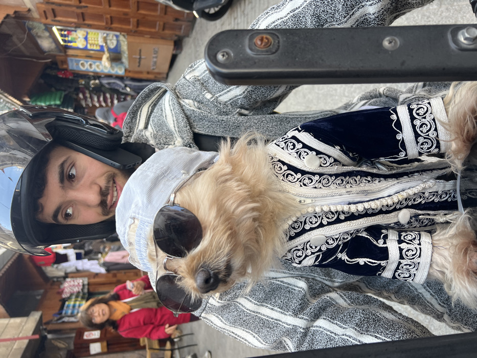 The image captures a detailed street scene in a narrow, bustling alleyway, consistent with a medina or market district in Tanger, Morocco. A young adult male, with dark hair and light facial stubble, is positioned centrally, wearing a black motorcycle helmet with the visor raised. He wears a grey and white patterned hooded jacket and looks to his right with a slight smile. A dark smartphone is visible secured within his helmet near his ear. Directly in front of him, a small, light brown, fluffy-haired dog is prominently featured, outfitted in a light blue/grey striped cap worn backward, aviator-style sunglasses, and a dark blue velvet traditional Moroccan djellaba with elaborate white embroidery and white decorative buttons. The dog faces slightly left and upwards. In the background to the left, an older woman with dark hair, wearing a red jacket and an olive green scarf, walks past, looking to her left. The environment consists of traditional buildings with wooden shop fronts and open stalls displaying merchandise, including clothing on the left and other goods on the right. A partial view of another scooter or motorcycle is visible on the far right. The scene is illuminated by bright daylight.