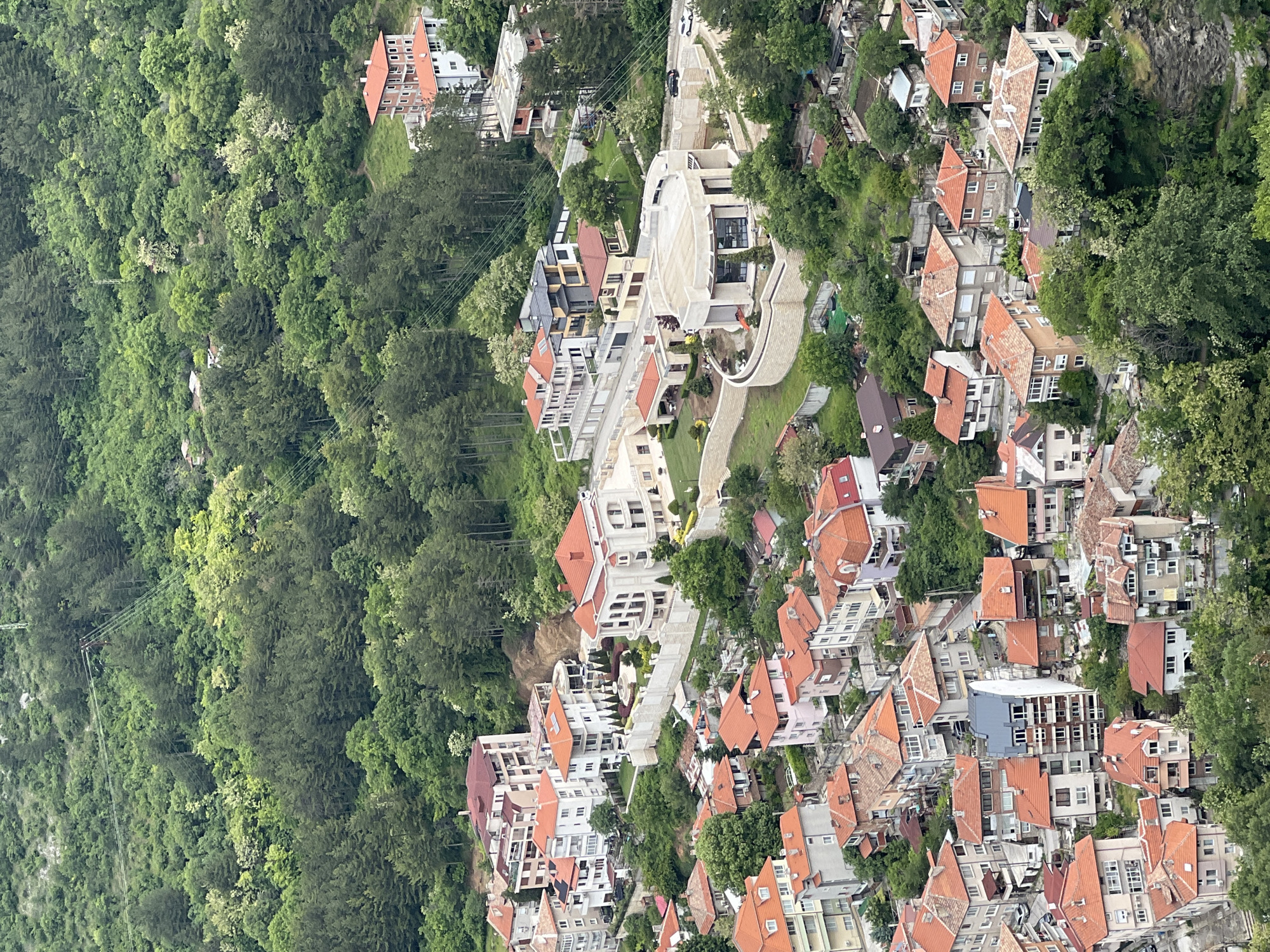 An aerial view of a section of Asenovgrad, Bulgaria, shows a cluster of buildings with predominantly orange tile roofs nestled amidst lush greenery. The residential area is densely packed with a mix of architectural styles, including modern and traditional designs. To the left, a dense forest forms a natural boundary. Power lines are visible cutting through the forest. The urban landscape gradually blends with the natural surroundings, presenting a contrasting but harmonious scene.