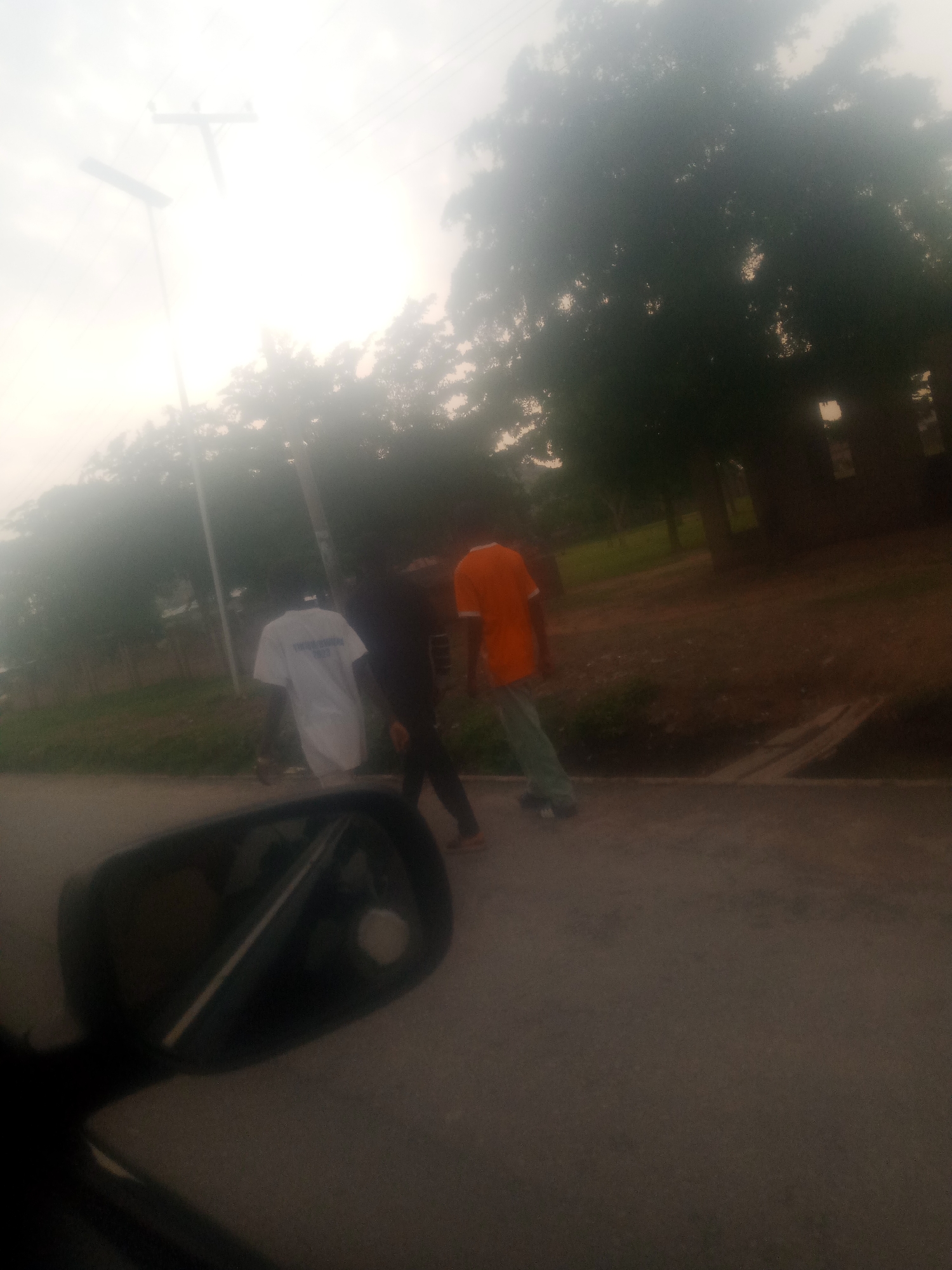 Two individuals are walking on a paved surface in an outdoor environment. The person on the left is wearing a white t-shirt and dark pants, while the person on the right is wearing an orange t-shirt and light-colored pants. They appear to be walking away from the camera. A car's side mirror is visible in the foreground, reflecting a portion of the scene. In the background, there are trees, a utility pole with power lines, and a building structure. The lighting suggests it might be late afternoon or early morning. The environment appears to be a roadside area, possibly in Jalingo, Nigeria, given the context of the location.
