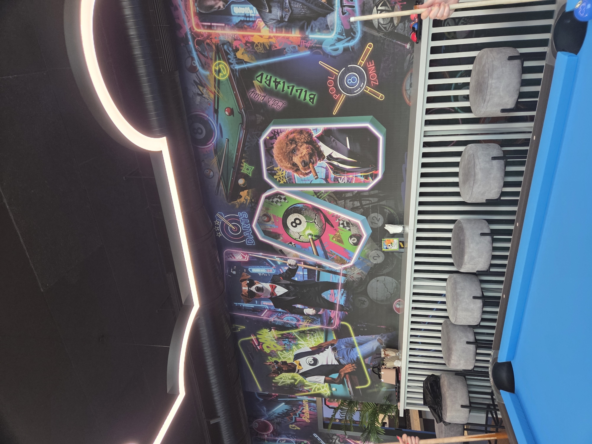 The image shows the interior of a pool hall in Varna, Bulgaria. The walls are decorated with graffiti-style murals featuring billiards and various dog characters in human attire. A blue pool table is visible on the right side of the image with gray bar stools positioned along it. An overhead light fixture in the shape of a curved line illuminates the scene. A pool cue held by a person is visible on both sides of the image.