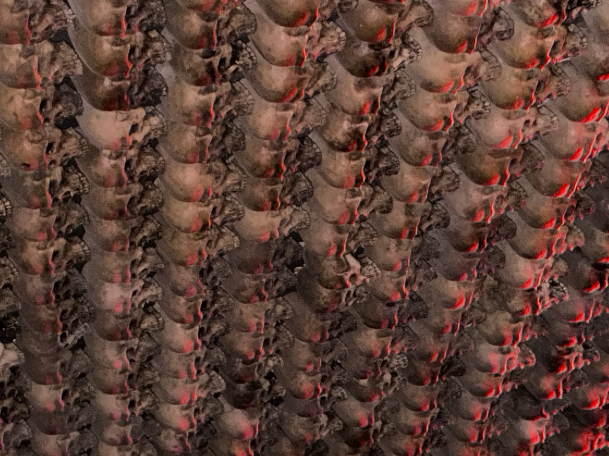 The image depicts a dense arrangement of human skulls, tightly packed together and stacked in rows. The skulls are primarily beige and brown in color, with visible details of the eye sockets, nasal cavities, and teeth. Some skulls have traces of red coloring, possibly from paint or lighting. The scene suggests a historical or religious ossuary. This is likely a photograph of the wall of skulls at the Templo Mayor Museum, Mexico City, Mexico.