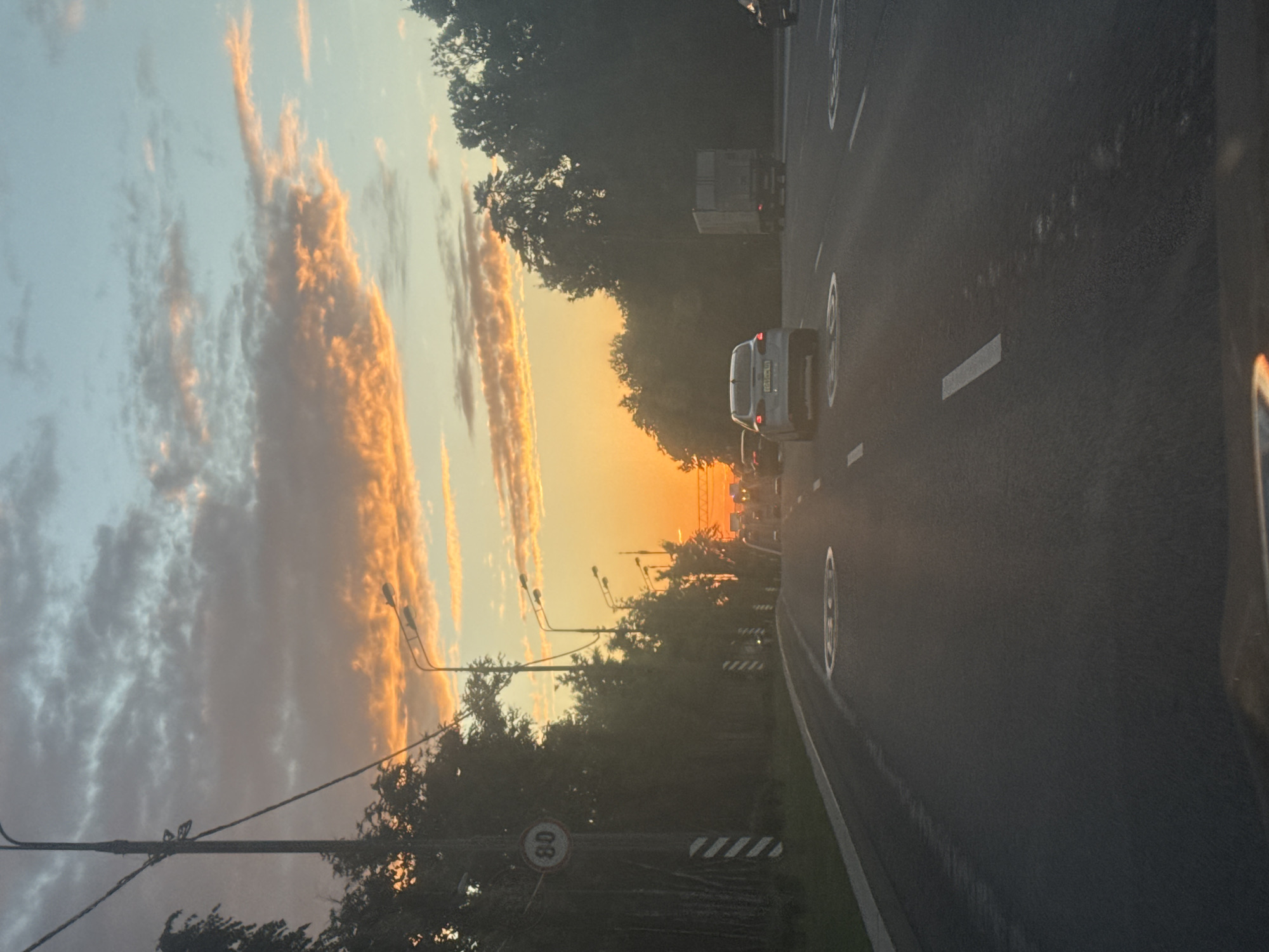 This image captures a roadside scene at sunset, likely in Moscow, Russia, given the context. The dominant elements are a road with lane markings, a few vehicles, trees lining the roadside, and a sky illuminated by the setting sun.
The road appears to be a multi-lane highway. Several cars are visible, including a white car in the foreground on the right lane. Further down the road, a truck is also present. The lane markings, including solid and dashed white lines, are clearly visible, indicating traffic flow.
The sky on the left side of the image is a striking display of sunset colors, with oranges, pinks, and yellows blending with the blues of dusk. Wispy clouds catch the last rays of the sun, creating a dramatic and beautiful effect. The sun itself is not directly visible but its presence is evident in the intense coloration of the sky and the warm light cast on the scene.
Trees densely line the left side of the road, their dark silhouettes contrasting with the vibrant sky. The trees are a mix of deciduous types, their foliage suggesting it is late spring, summer, or early autumn. Streetlights are also visible among the trees, indicating that this is likely a well-trafficked area.
A speed limit sign is visible on a pole, showing the number "80" inside a red circle with a white background, indicating a speed limit of 80 units (likely kilometers per hour given the context). There are also traffic markers with diagonal black and white stripes along the roadside.
The overall mood is one of a journey at the end of the day. The warm hues of the sunset evoke a sense of peace and transition. The image appears to be taken from within a moving vehicle, suggested by the perspective and the slight blur.
