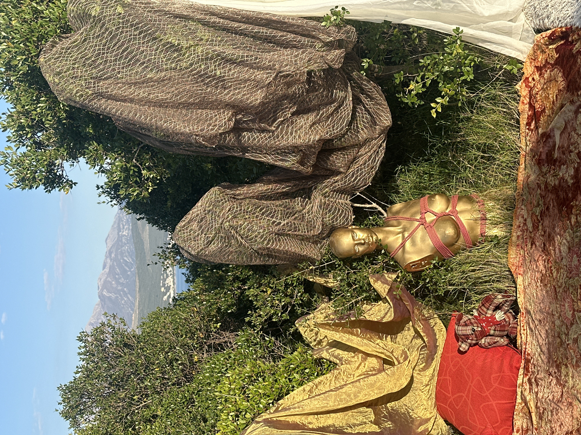 The image depicts an outdoor scene in Bogišići, Montenegro. A golden mannequin torso, bound with red cord, lies amongst green foliage and grass. Various fabrics surround the mannequin: a large section of brown netting, a crumpled piece of shimmering gold fabric, and a reddish-brown patterned fabric alongside a red pillow and a plaid stuffed animal. In the background, a coastal landscape is visible under a blue sky.