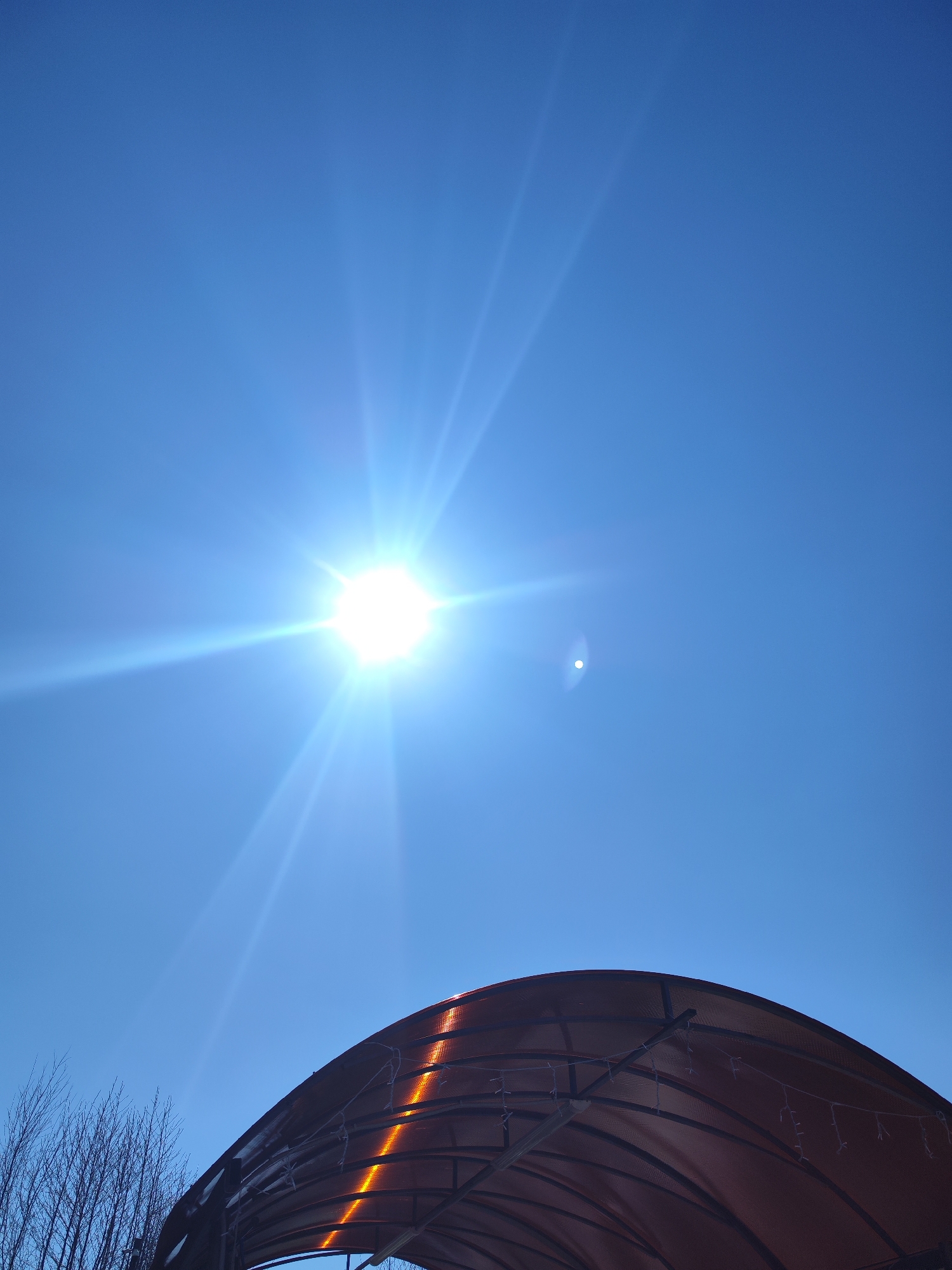 The image shows a bright sun in a clear blue sky, with visible rays of light emanating from it. Below the sky, part of a canopy structure is visible, appearing to be a reddish-brown color with internal support beams. Bare tree branches are visible on the left side of the frame, extending slightly into the view from below. The scene is outdoors, and the overall impression is one of clear, sunny weather. The image was taken in Chaikovsky, Russia.