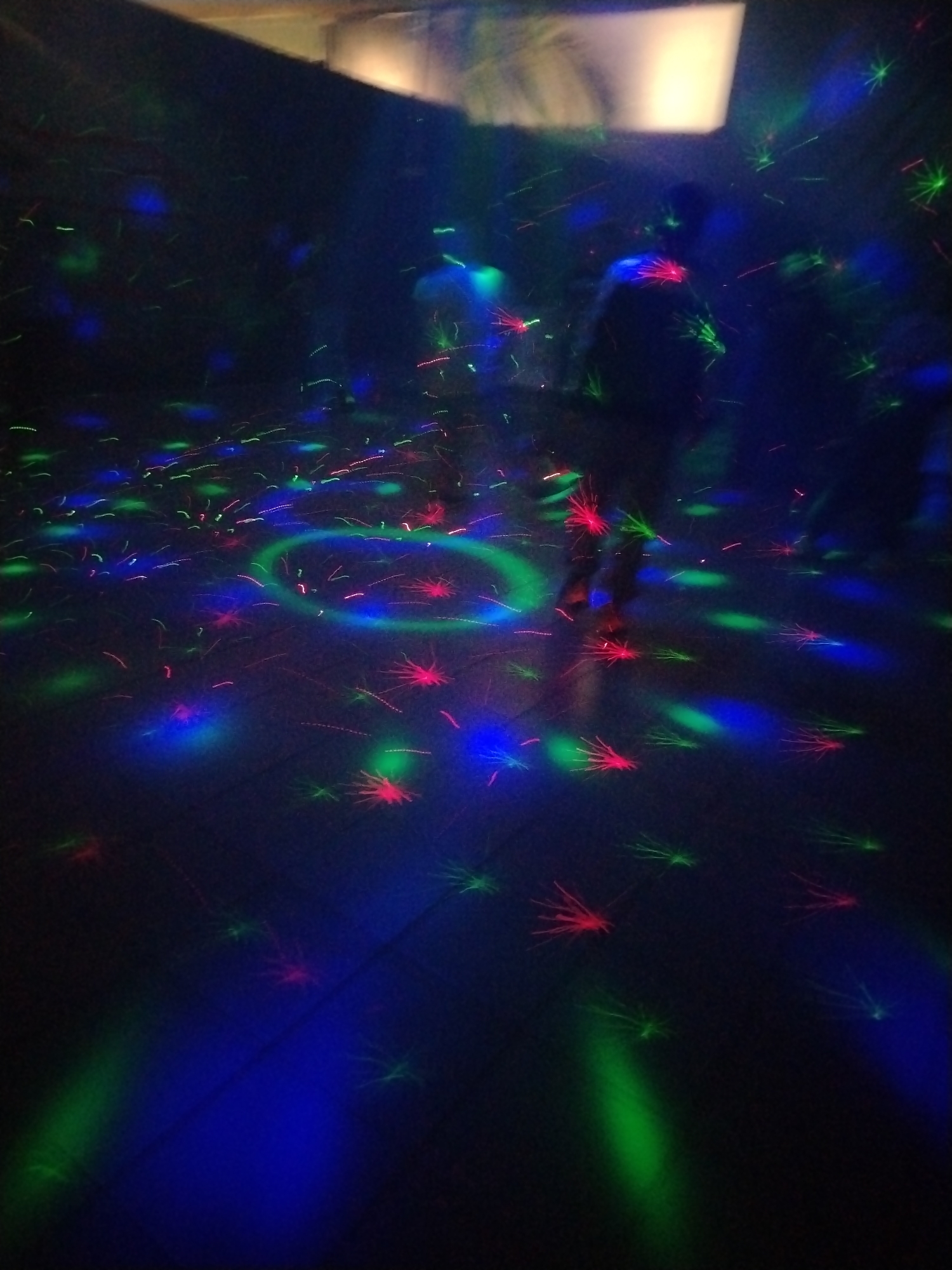 The image shows a dimly lit room with a disco ball creating multicolored patterns on the floor and walls. There are indistinct figures of people in the background. The location is not determinable from the image.