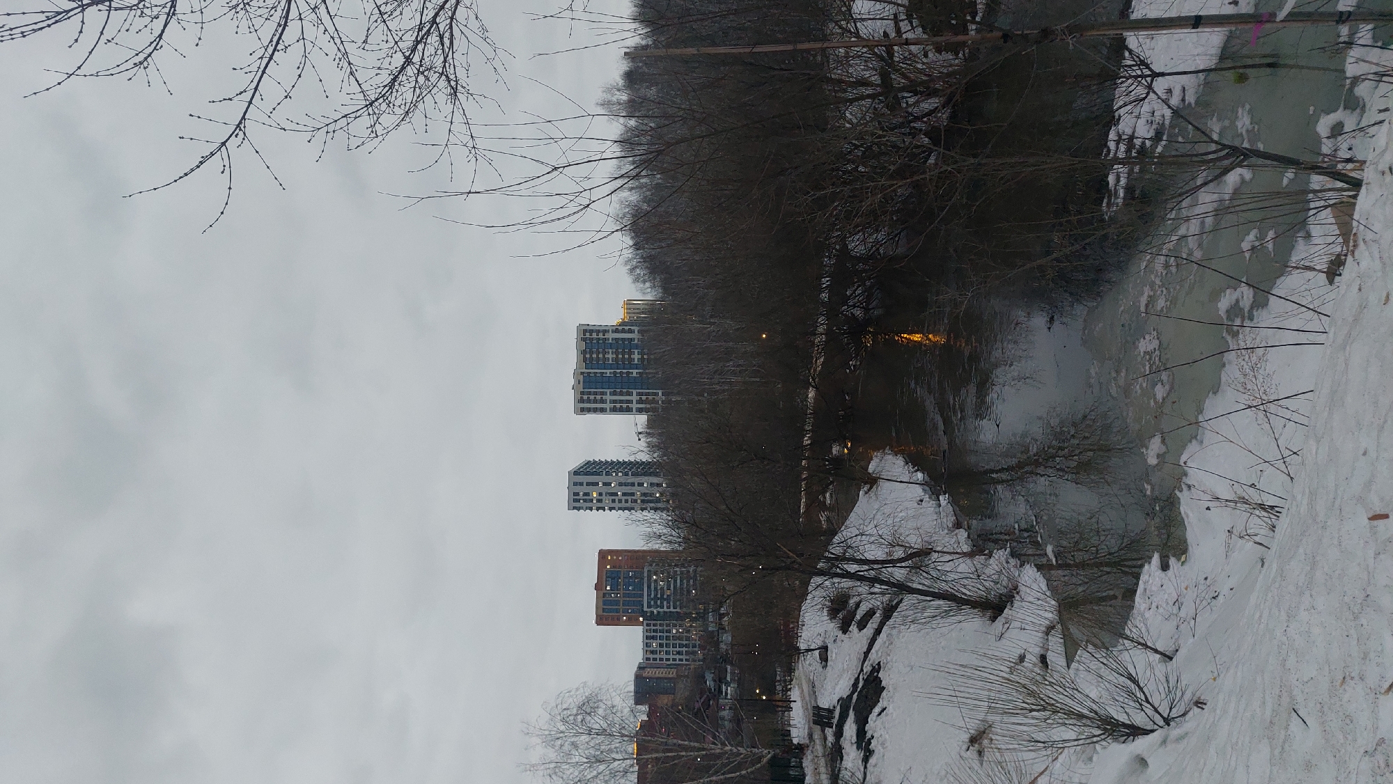 The image depicts a winter scene in Novosibirsk, Russia. A body of water, likely a river or pond, is partially frozen with snow and ice along the banks. Bare trees and shrubs line the water's edge. In the background, several tall buildings, potentially apartment complexes, are visible, indicating an urban setting. The sky is overcast.