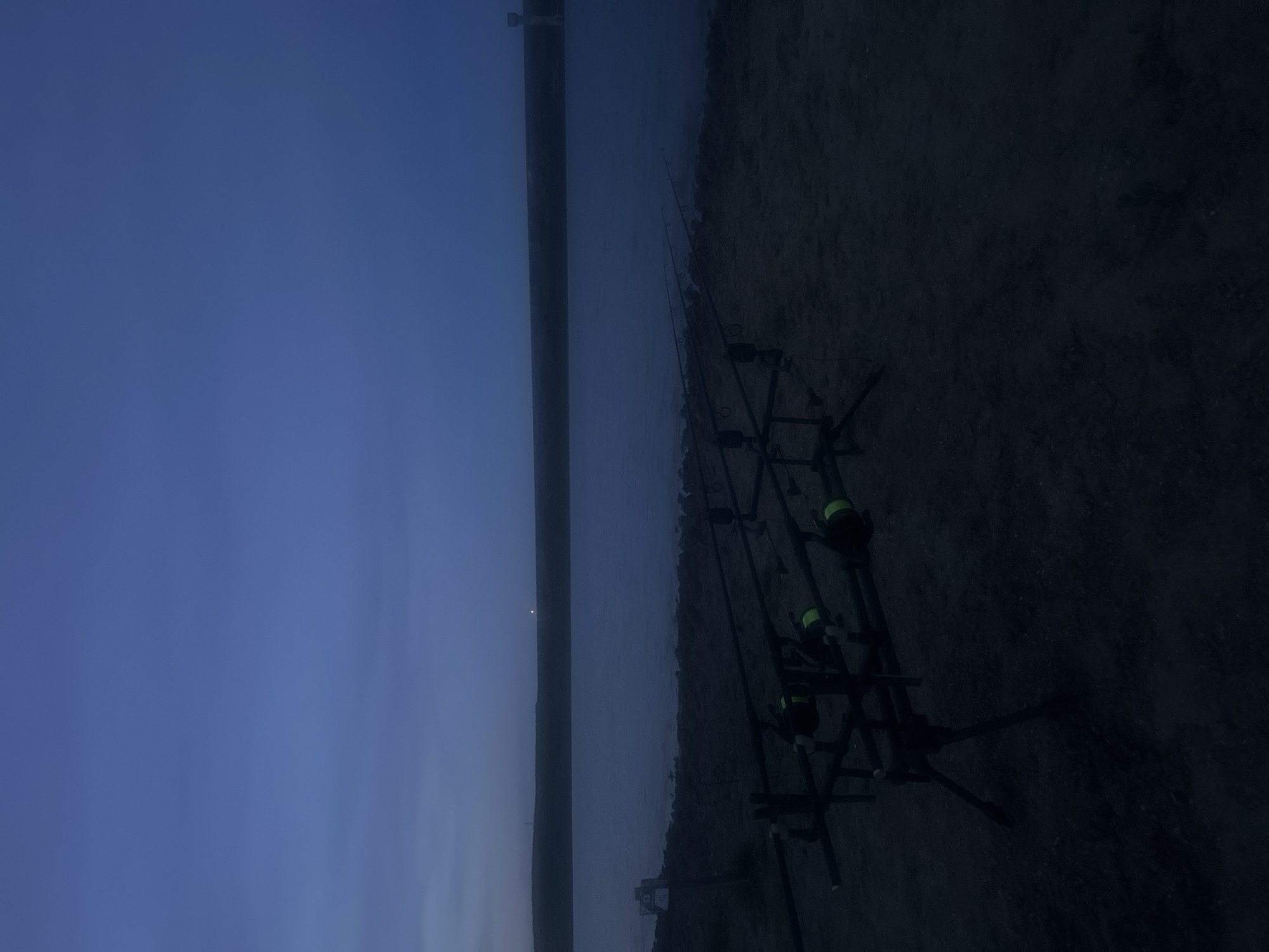 The photograph depicts a waterside scene, possibly at dusk or dawn, with a dark blue sky transitioning into a dimly lit body of water. Three fishing rods are set up on a stand along the shore, their lines extending into the water. The shore is dark and appears to be composed of dirt or sand. In the distance across the water, a faint light is visible. The location is likely near Trastikovo, Bulgaria, given the prompt, although specific identifiable landmarks are not apparent in this image.
