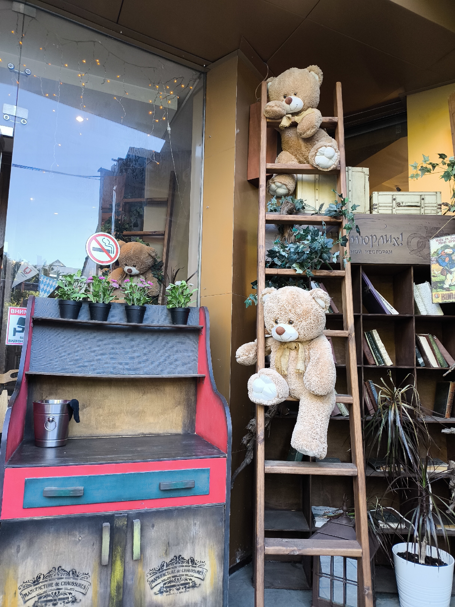 This image shows a street view of what appears to be a cafe or shop decorated with large teddy bears and a rustic wooden ladder. Two large teddy bears are prominently displayed; one sits on a shelf on the ladder, and another is positioned lower down, appearing to climb or descend.
In the foreground to the left, there is a multi-tiered wooden display unit with red and green accents. The top shelf holds four small potted plants with pink and white flowers. Below this, a metal bucket sits on a dark shelf, and beneath that, a red frame encloses a teal drawer with two handles. The lower part of this unit resembles cabinet doors with decorative stenciling that reads "MANUFACTURE de CHAUSSURES" in Cyrillic and Latin scripts.
To the right, a wooden ladder leans against a wall lined with bookshelves. The shelves are filled with books, and some greenery is draped around the ladder and shelves, adding to the rustic ambiance. There are also decorative vintage suitcases stacked on top of the bookshelves.
A glass window, likely from the establishment, is visible in the background to the left, reflecting the sky and some buildings. Within the reflection, a ladder can be seen, suggesting a similar decorative theme inside. A "no smoking" sign is also visible through the window. The overall scene evokes a charming, perhaps slightly whimsical, atmosphere. The lighting suggests it is daytime.