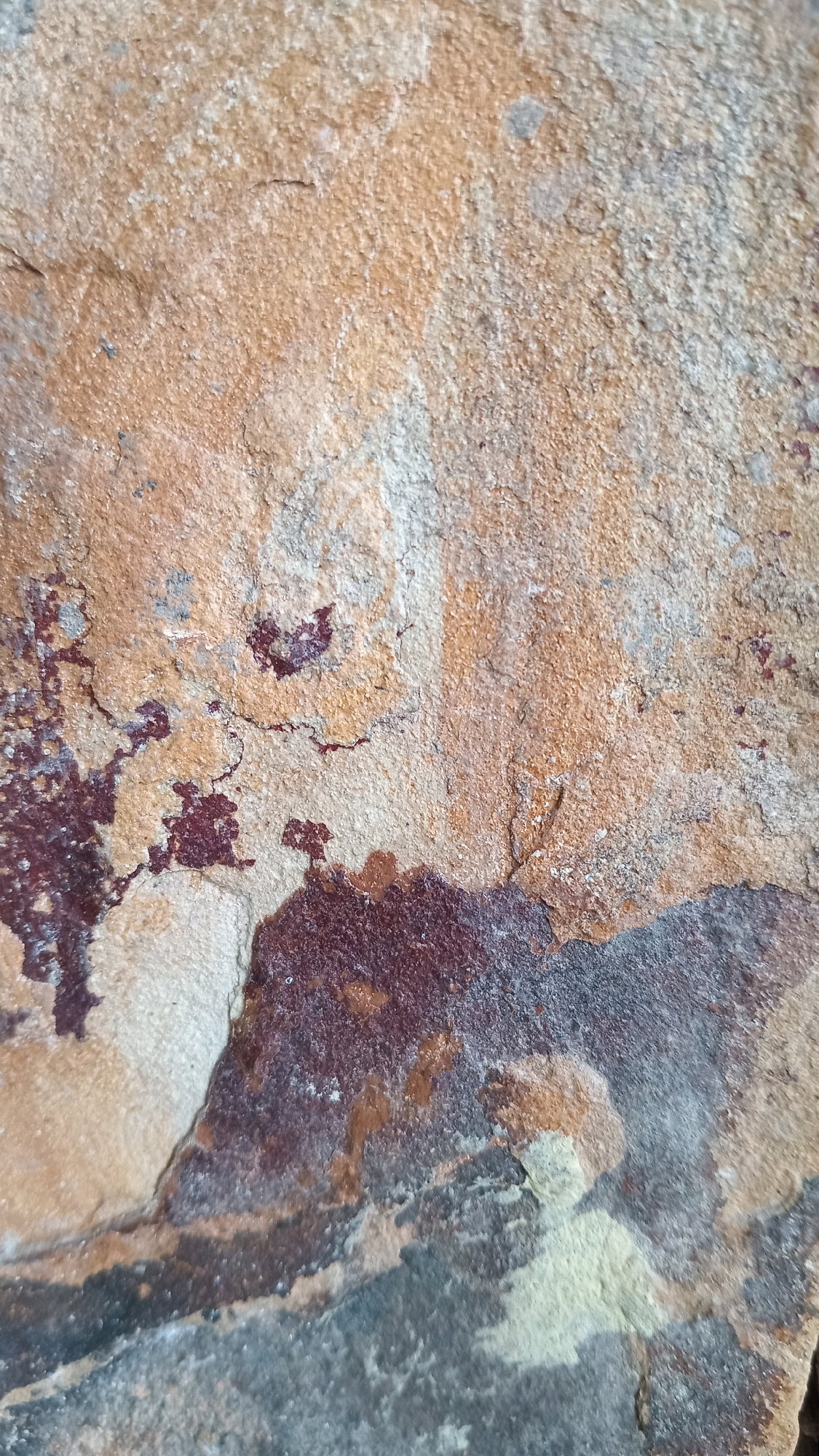 The image displays a close-up, textured view of a natural stone surface. The stone exhibits a variegated pattern of colors, predominantly featuring shades of tan, light brown, and beige, with significant areas of deep reddish-brown and some patches of grey. The texture appears rough and granular, with visible cracks and variations in the surface plane, suggesting weathering or natural formation. There are no discernible objects, people, or actions captured within the frame, and the image focuses solely on the geological characteristics of the stone. The location in Randuagung, Indonesia, is not visually represented in the image itself, as it is a purely abstract depiction of a stone texture.