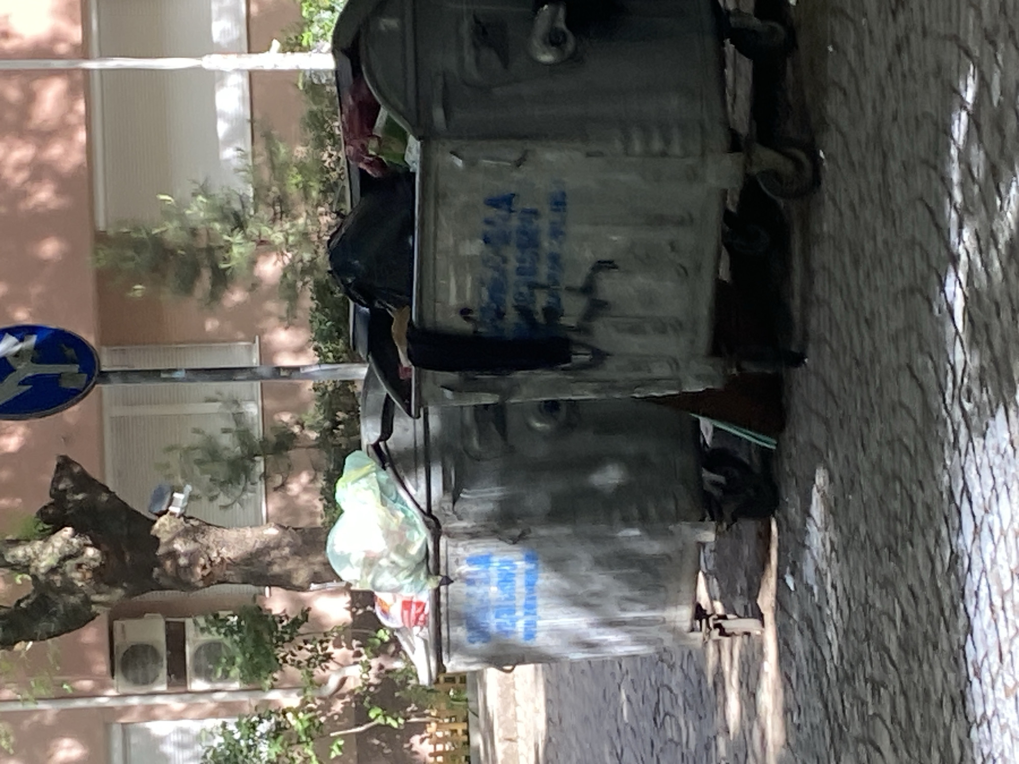 The image shows two overflowing metal garbage bins on a cobblestone street in Sofia, Bulgaria. The bins are grey and have blue writing on their sides. Debris and plastic bags protrude from the tops of the bins. In the background, a building with peach-colored walls, white-framed windows, and trees is visible. A blue and white street sign is mounted on a pole in front of the building. The cobblestone street is cracked and weathered. Sunlight casts shadows across the scene.