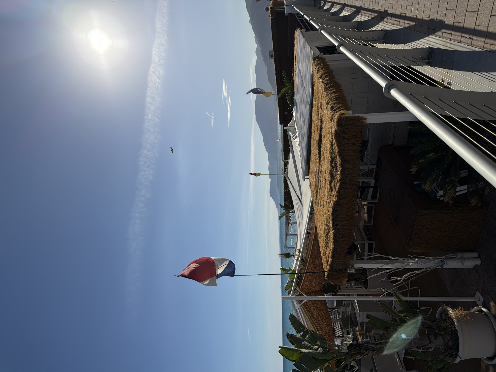 The image depicts a sunny outdoor scene at a beachside establishment in Vallecrosia al Mare, Italy. In the foreground, a modern metal railing lines a paved walkway. Behind the railing are several structures with thatched roofs, appearing to be part of a beach club or restaurant. Tropical plants, including large-leafed plants in white pots, are visible. A tall flagpole with a tri-colored flag (red, white, and blue) stands prominently on the left side of the frame. In the background, the turquoise sea meets a hazy coastline with mountains. The sky is clear blue with a bright sun casting lens flare and a few wispy clouds. Two birds are flying in the distance. The overall atmosphere suggests a warm, coastal environment.