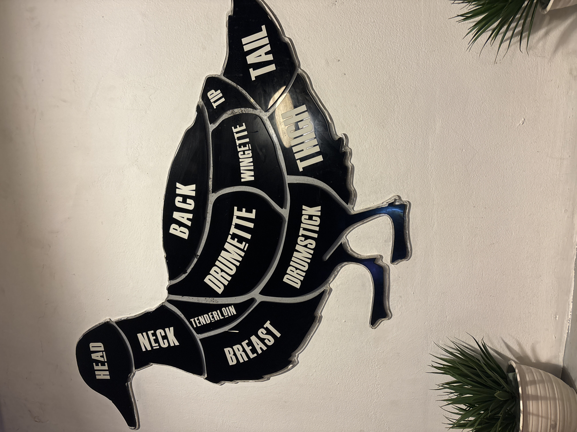 The image shows a diagram of a duck's carcass, cut into different parts. The diagram is affixed to a white wall. The parts of the duck are labeled in white text, including: head, neck, breast, tenderloin, drumette, drumstick, back, wingette, tip, thigh, and tail. Two small potted plants are visible in the top-right and bottom-right corners of the image. The location is potentially in North Jakarta, Indonesia, although no visual element directly confirms this.