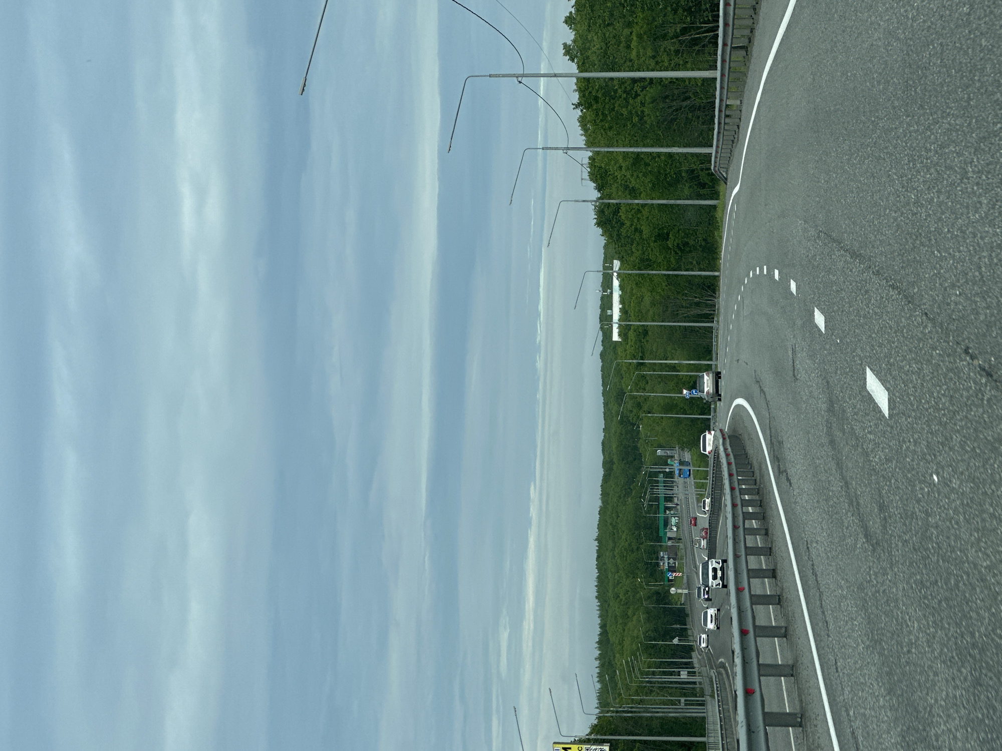 The image shows a highway curving to the right, with a dense, green forest bordering the road. The sky is overcast with blue-gray clouds. Several cars are visible on the highway, traveling in the same direction. There are also numerous streetlights lining the road. In the distance, a gas station with a blue roof is visible, along with some buildings. The scene appears to be within or near the city of Petropavlovsk-Kamchatsky, Russia, given the visual characteristics of the environment.