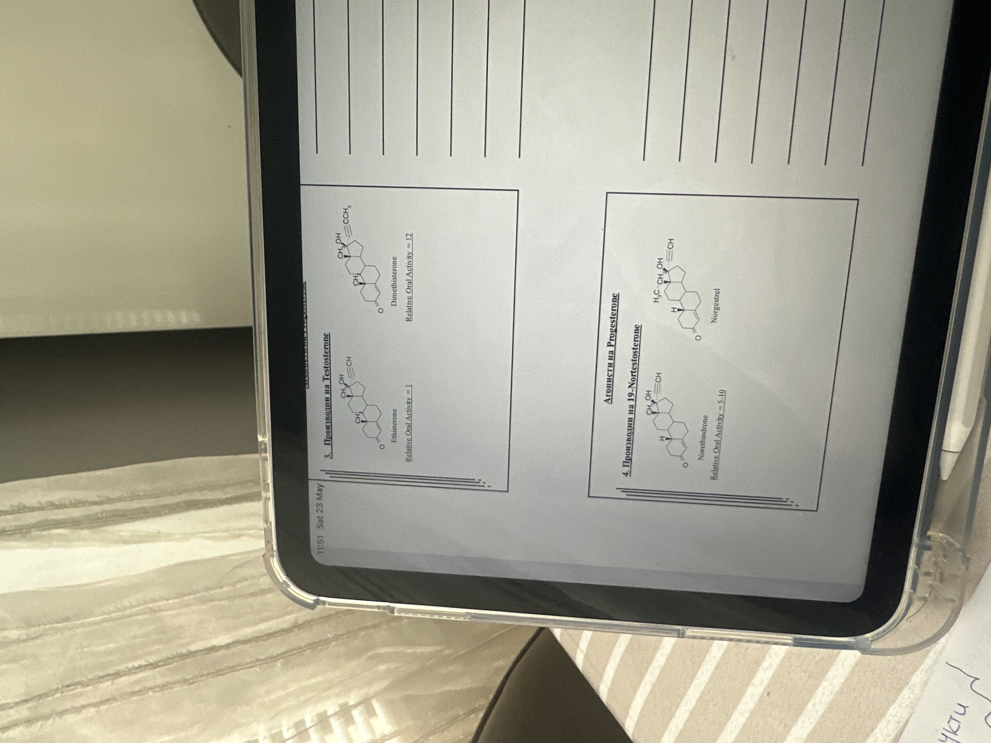 The image shows a close-up view of a tablet screen displaying chemical structures of steroid hormones and related compounds. The screen displays notes about derivatives of testosterone and progesterone, specifically "Ethisterone" and "Dimethisterone" for testosterone derivatives, and "Norethindrone" and "Norgestrel" for 19-Nortestosterone derivatives. The formulas of the substances and their Relative Oral Activity are also given. The screen shows the date and time "11:51 Sat 23 May". The tablet is sitting on a surface with a striped pattern. A partially visible object is present on the lower right edge of the image. The city of Sofia, Bulgaria is not discernible from the provided image.