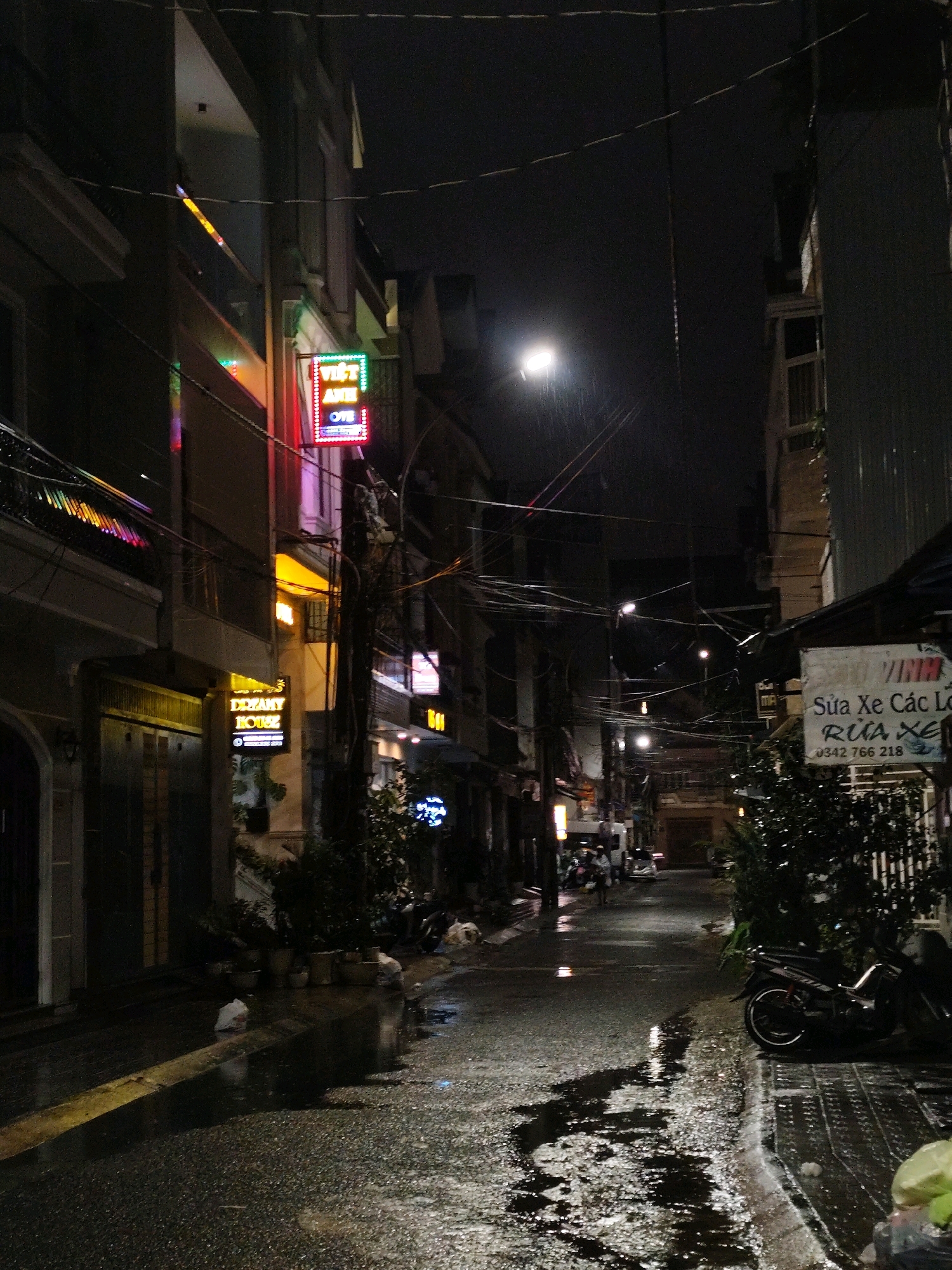This is a night-time street scene in Da Lat, Vietnam, likely in a commercial or residential alleyway. The wet asphalt street reflects the neon lights of signs. Buildings line both sides of the street. On the left, there are signs with Vietnamese text and neon lights in red, green, and yellow. One sign clearly reads "DIZANY HOUSE". On the right, there is a sign for "SUA XE CAC LOAI", which translates to "Motorcycle Repair". Below this, a phone number "0342 766 218" is visible. A parked motorcycle is on the right side of the street. Several potted plants are visible in front of the buildings. A single street light illuminates the scene, and there are some electrical wires overhead. The ground appears to be littered with some trash bags. The overall atmosphere is damp and somewhat gritty, indicative of a typical urban street at night after rain.