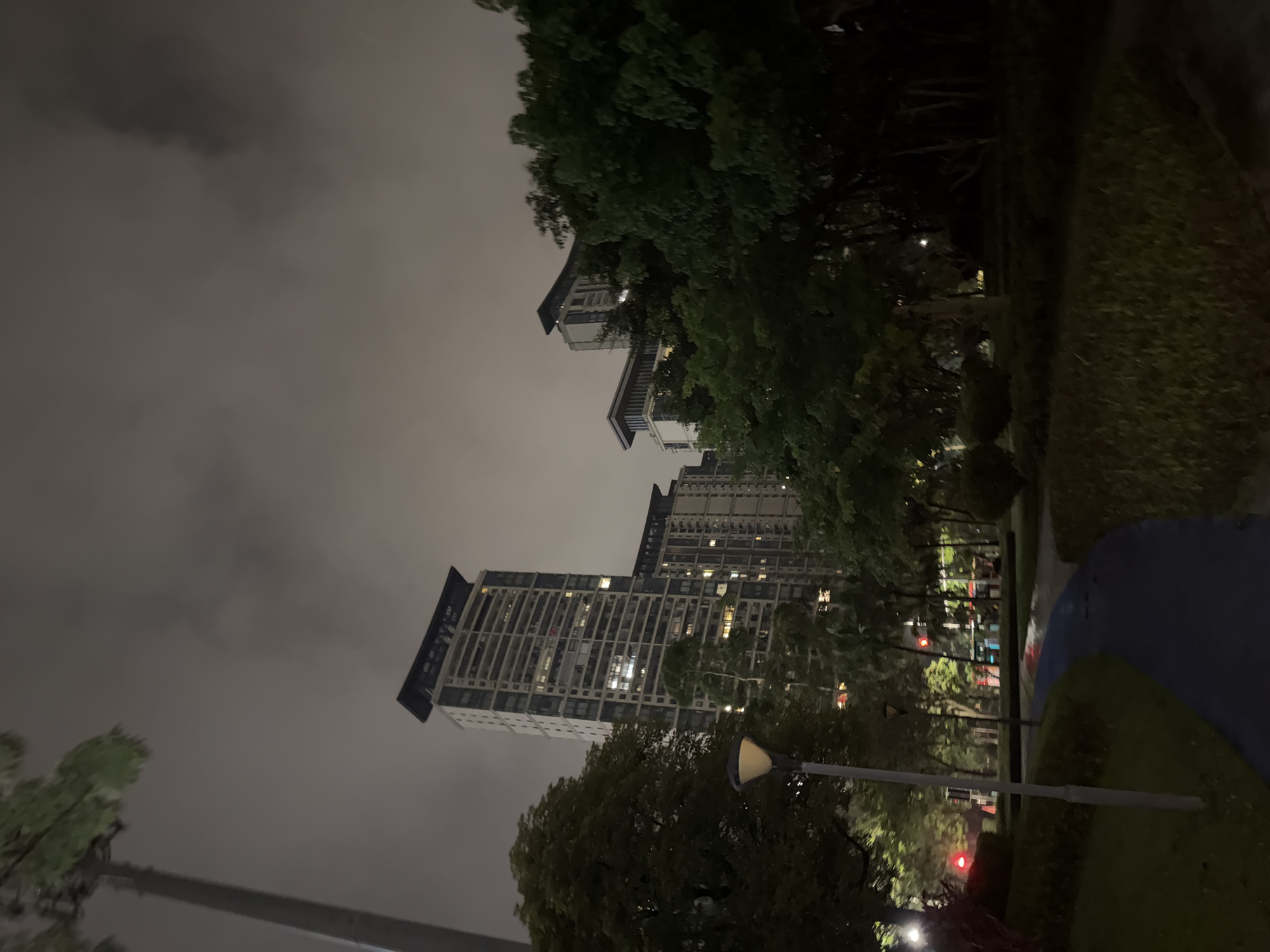 This image depicts an outdoor scene at night in Haizhu District, China, focusing on modern residential buildings situated amongst trees and a park area. In the background, several tall, multi-story buildings with illuminated windows dominate the skyline, their modern architecture featuring distinct rooflines. In the mid-ground, lush green trees partially obscure the buildings, creating a contrast between the urban structures and the natural landscape. A pathway, possibly for walking or cycling, is visible in the foreground, curving through a well-maintained park with manicured bushes and grass. Streetlights and traffic signals add to the nighttime ambiance of the scene. The sky is overcast, with clouds obscuring any stars. There are no people visible in the frame.
