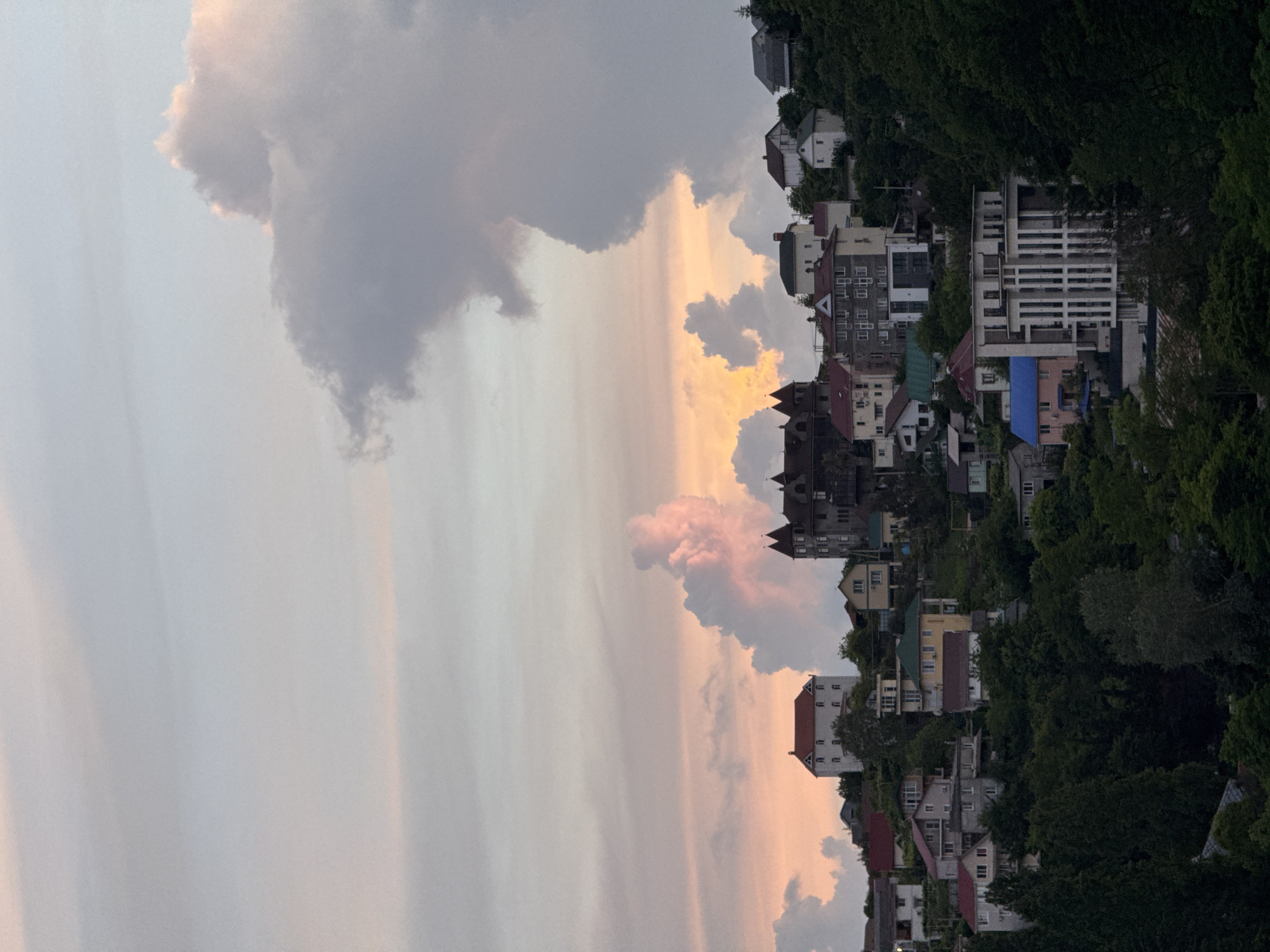 This is a daytime, exterior, eye-level, medium shot of a hillside town in Sochi, Russia, under a dramatic sky at sunset. The sky is filled with large, billowy clouds, some tinged with pink and orange from the setting sun, while others are a soft gray. The clouds are illuminated by the golden hour light, creating a sense of depth and drama.
The town is built on a steep slope, with houses and buildings cascading down the hillside. The architecture is varied, with some older, traditional-looking homes nestled among more modern structures. Many of the houses have red-tiled roofs, and some have balconies or terraces. The buildings are painted in a range of colors, including white, beige, yellow, and pink.
In the foreground, there is a dense forest of dark green trees, which provides a stark contrast to the brightly colored houses and the colorful sky. The trees are lush and full, suggesting a temperate climate.
Dominating the middle ground, a large, ornate building with a dark roof and spired turrets stands out. This building appears to be a more significant structure than the surrounding houses, possibly a historic landmark or a hotel.
Further up the hill, another prominent building is visible, a lighter colored structure with a red roof. The overall impression is one of a vibrant community nestled within a beautiful, natural landscape. The image captures a moment of serene beauty, with the warm glow of the sunset highlighting the unique character of this coastal town.