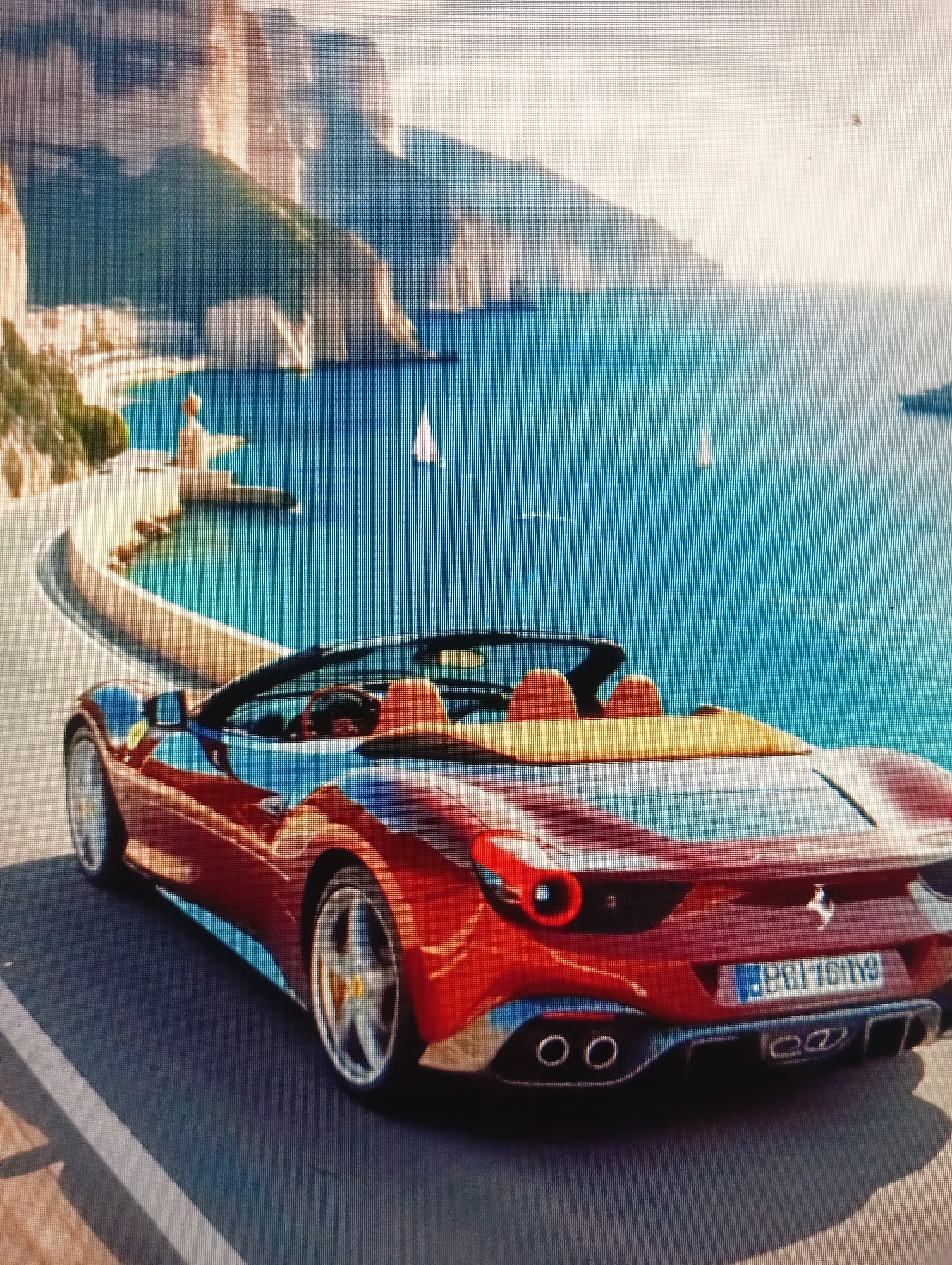 A bright red convertible Ferrari speeds along a coastal road, with steep, green-covered cliffs and the sparkling blue sea on its right. Sailboats dot the water, and a small village is nestled along the coastline. The car's interior is visible with tan seats and a black steering wheel. The license plate reads "PGT TG19". The scene is a picturesque and idyllic representation of a luxurious road trip, likely a digitally generated image or a highly stylized photograph, as there is no discernible connection to Sluck, Belarus.