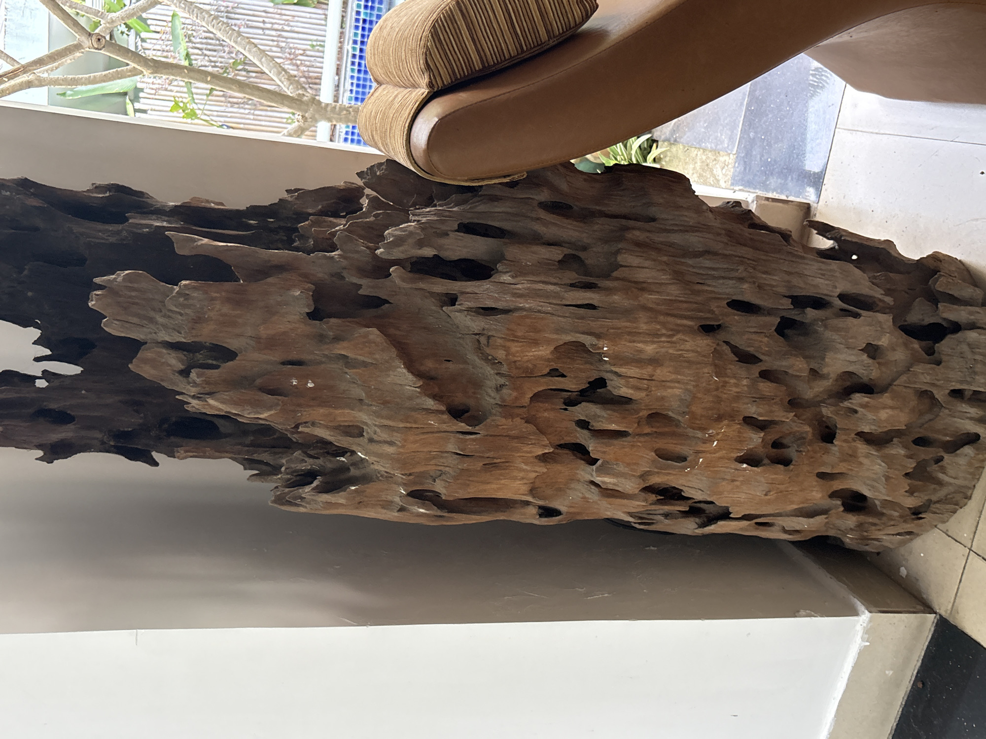 The image shows a close-up of a large, intricately carved piece of driftwood standing upright in what appears to be a lobby or covered outdoor area. The driftwood is dark brown with numerous holes and irregular shapes, suggesting it has been weathered or sculpted. To the right of the driftwood, a portion of a brown leather armchair with a patterned cushion is visible. In the background, through an opening or window, a glimpse of a swimming pool with blue tiles and some greenery can be seen, possibly indicating a resort or hotel setting in Nha Trang Ward, Vietnam. The floor consists of light-colored tiles. The scene is static, with no people or animals present.