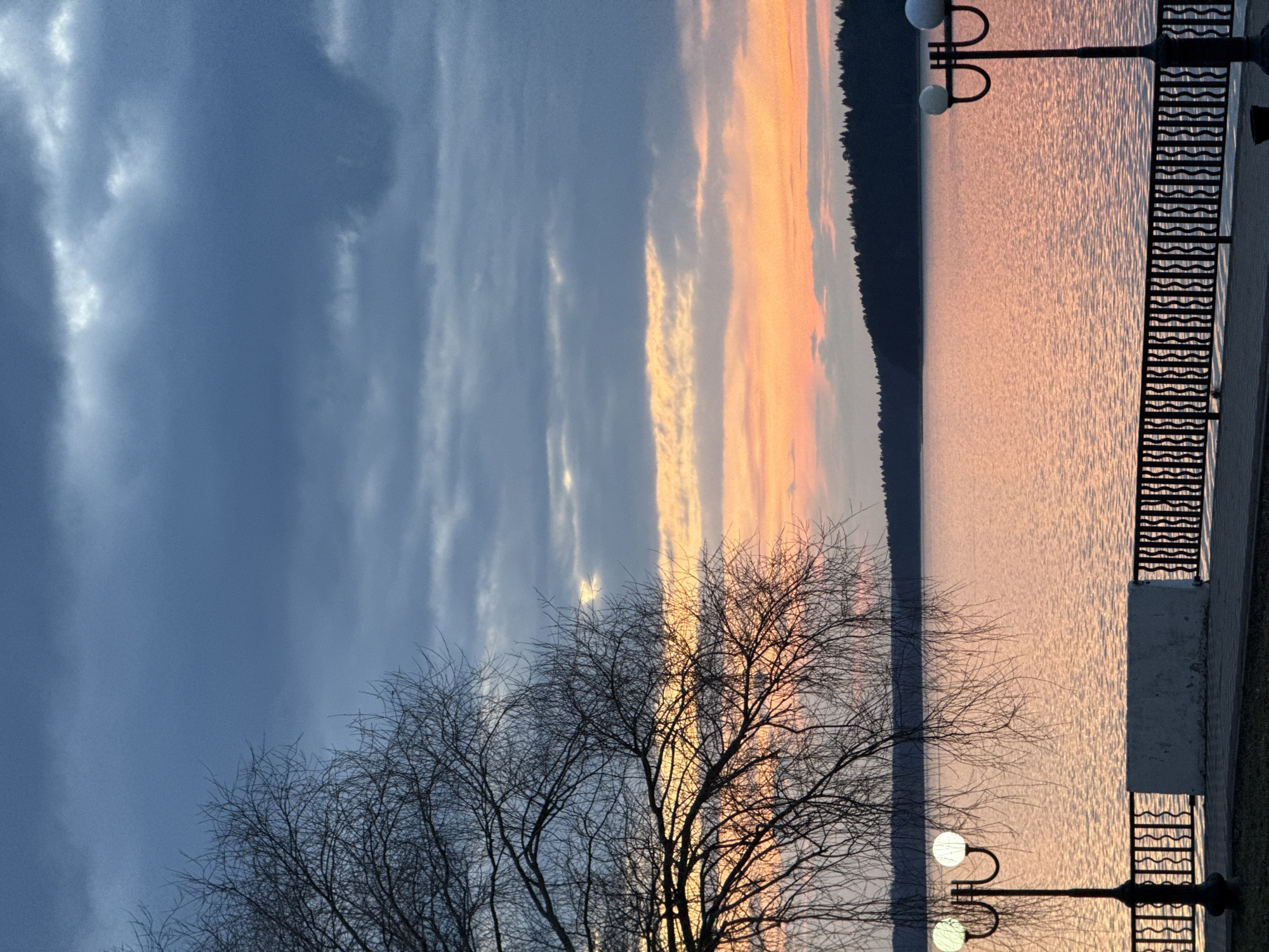 The image depicts a body of water, likely a lake or reservoir, reflecting the colors of a sunset. The sky above is a mix of blues and orange hues, with strips of clouds. A dark, forested landmass can be seen on the opposite shore. In the foreground, a bare tree with intricate branches is visible. A metal railing and street lamps line the edge of the water, suggesting a promenade or walkway. The location is identified as Votkinsk, Russia. There are no people visible in the image. The scene appears calm and serene.
