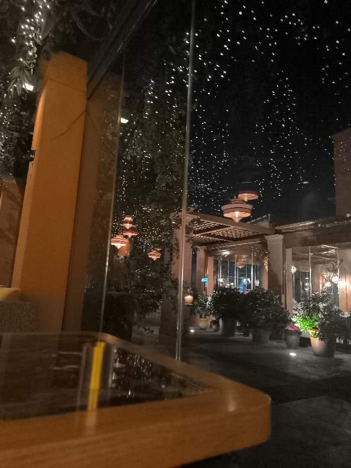 The image presents a serene nighttime view of an outdoor dining or lounge area, likely part of a restaurant or cafe, observed from an interior space through a large, reflective glass pane. In the immediate foreground, a corner of a polished wooden table with a dark, reflective surface is visible, showing a yellow object, possibly a pen, reflected on it.
Beyond the glass, the scene is illuminated by an array of warm, inviting lights. Prominent architectural features include large, orange-brown pillars and structures, along with pergolas featuring latticework ceilings. Several elegant, tiered lanterns with warm orange glows hang throughout the space, suspended from structures and within trees. The outdoor area is rich with dark foliage and numerous potted plants and bushes of various sizes, some of which are subtly lit from below with green or white accent lights.
Countless small white fairy lights are strung through the trees and foliage, creating a dazzling, starry effect that is further amplified by their reflections on the glass panel, blurring the distinction between the actual outdoor space and the reflections. In the far background, faint blue and white lights suggest additional structures or the wider urban environment.
The overall atmosphere is tranquil and sophisticated, suggesting a peaceful evening. No people are visible in the scene. The warm lighting, earthy tones, and architectural style evoke a luxurious Mediterranean or resort-like ambiance, consistent with a setting like Palaio Faliro, Greece. There is no visible text.