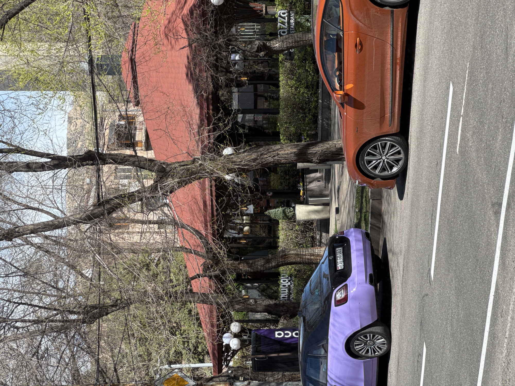 The image captures a street scene in Yerevan, Armenia, showcasing urban elements and daily life. An orange car and a purple car are parked on the side of a street delineated by solid white lane markers. A restaurant with a red roof is visible in the background, its signage suggesting a business name. Bare trees line the street. Street lamps are interspersed along the road. The building exterior has an awning and multiple windows. The photograph appears to be taken during the day, under natural light.