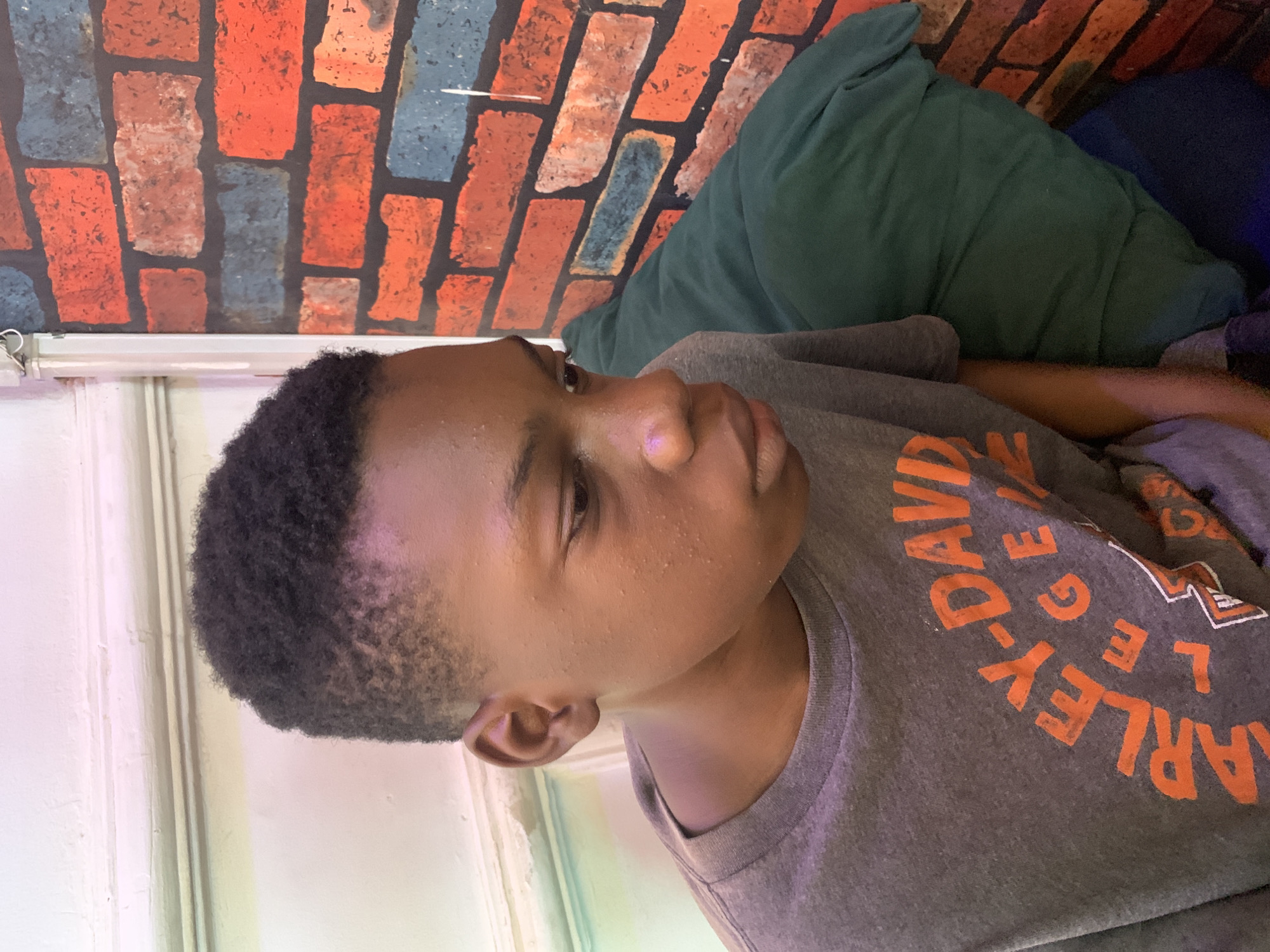 The image captures a young individual, likely a boy, in a close-up portrait, oriented sideways. He has dark skin and short, neatly cut dark hair. His gaze is directed slightly upwards and to the side, with a neutral or contemplative expression.
He is wearing a grey t-shirt with large orange lettering across the chest. Clearly visible words include "HARLEY-DAVIDSON" and part of "COLLEGE", specifically "LEG", suggesting a Harley-Davidson College or similar branded item.
The background behind him features a decorative wall with a vibrant faux brick pattern, showcasing blocks of red, orange, and blue. To his left, a white vertical structure, possibly a door frame or wall, is visible with light reflections creating a pink and purple hue. To his right, a dark green pillow or cushion is nestled, with a hint of dark blue fabric next to it.
The setting appears to be indoors, suggesting a relaxed environment like a living room or bedroom. The individual seems to be resting or reclining. The lighting suggests ambient indoor conditions, possibly with some colored artificial light influencing the hues on the white surface. No specific activity or event is taking place beyond the person's presence. There are no direct visual cues within the image itself to confirm the provided location of Sabojibi, Nigeria.