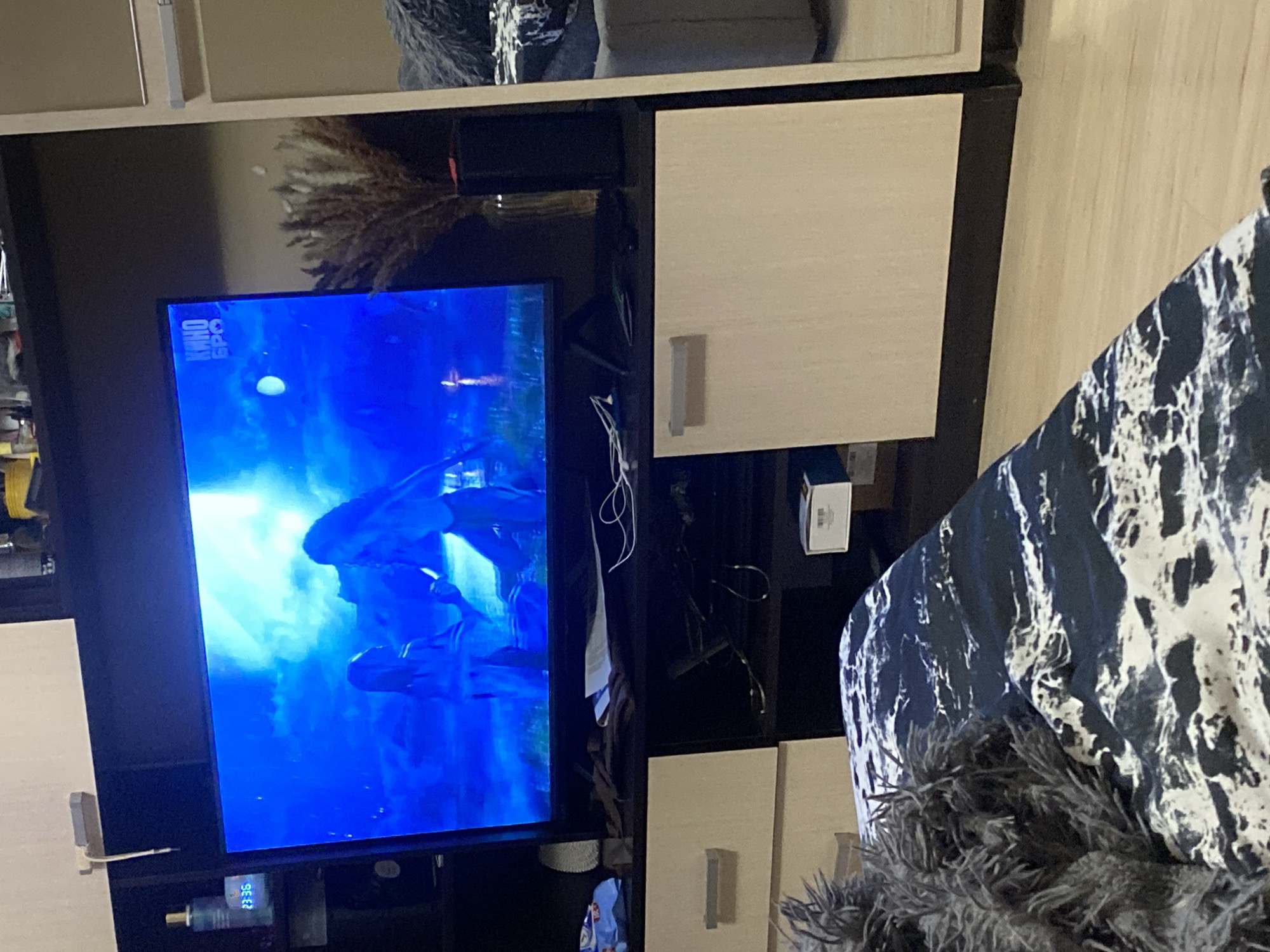 A television screen shows an underwater scene with fish. The television is situated on a black entertainment center with off-white cabinets. A bed with a patterned comforter is visible to the right of the television. A clock on the TV reads 23:36. The specific location in Yekaterinburg, Russia is not identifiable from this image.