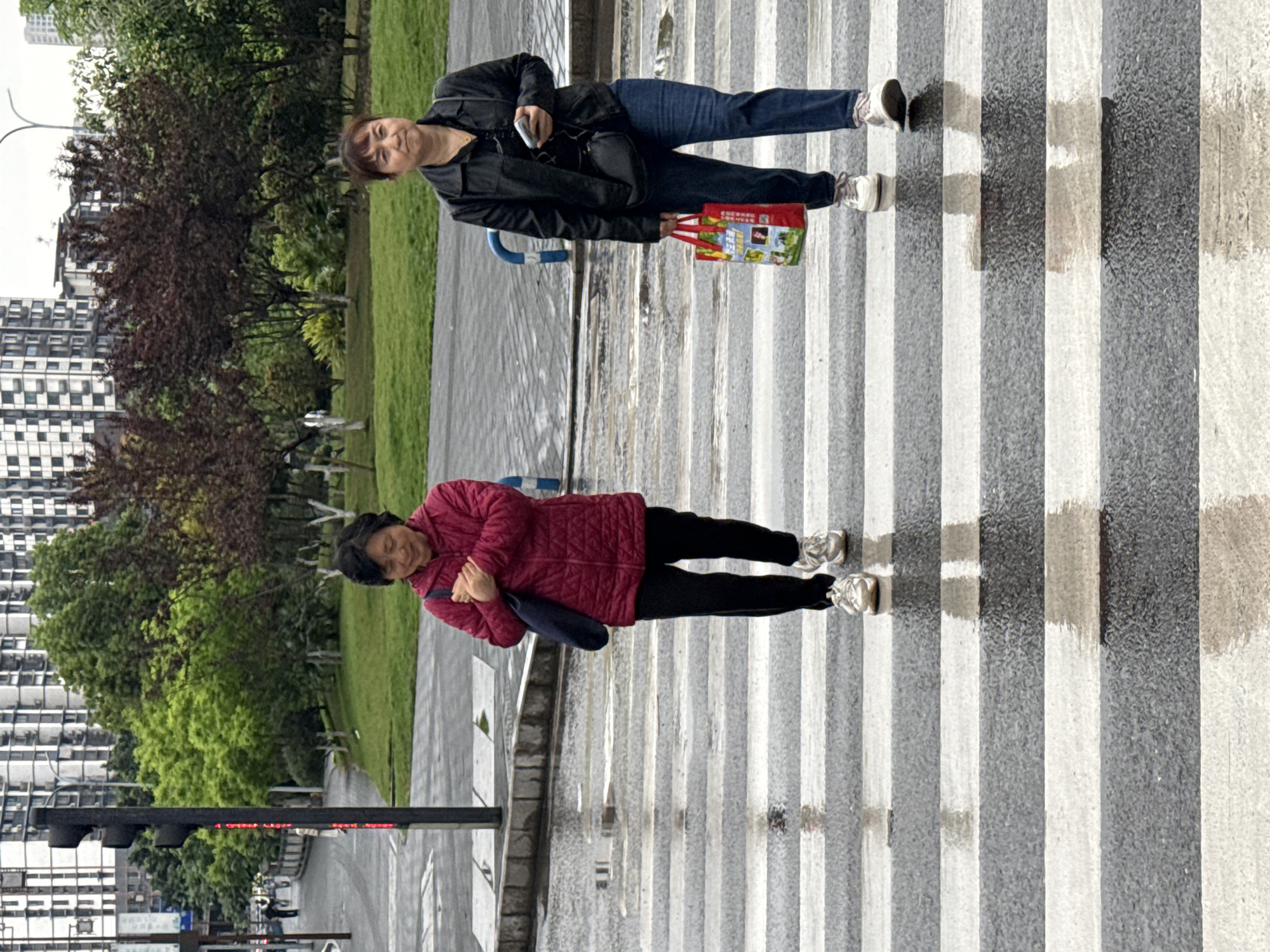 Two middle-aged women are crossing a street at a zebra crossing. The woman in the foreground is wearing a red quilted jacket and black pants, while the woman behind her is wearing a black jacket and blue jeans. The street appears wet. In the background are trees, grass, and apartment buildings, and a traffic light can be seen on the left. The city is Shapingba District, China.