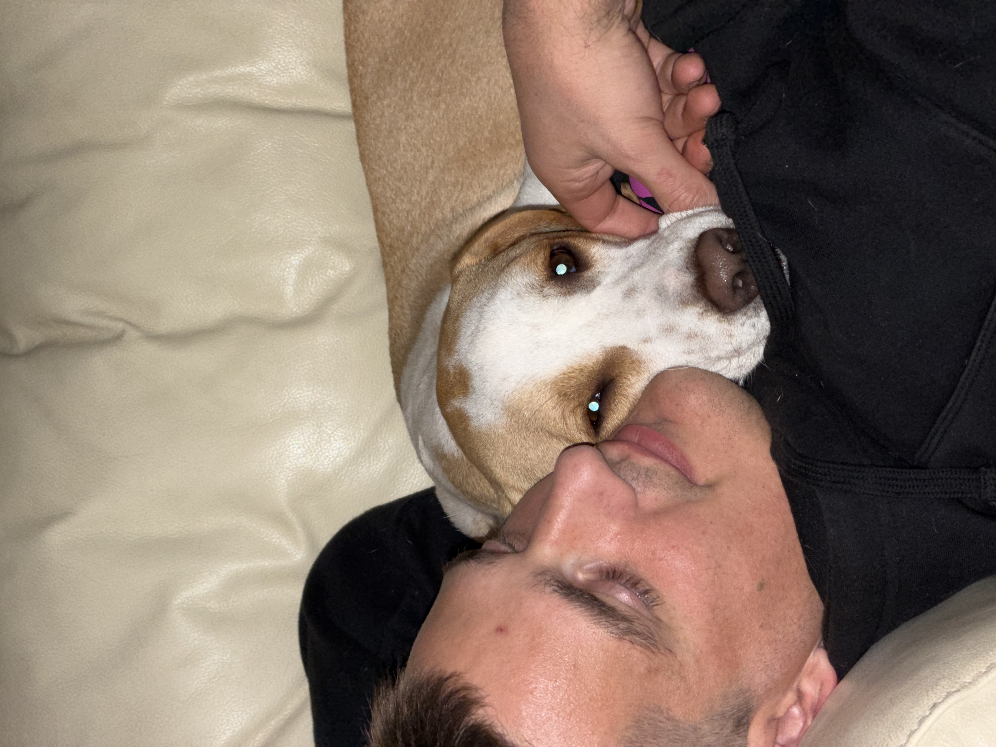 A man and a dog are lying on a light-colored leather couch. The man is fair-skinned with short, dark hair and closed eyes, and he is wearing a black hoodie. The dog is light brown and white with brown spots on its nose. The dog's head is resting on the man's face. A hand is visible, holding part of the hoodie. The location is not discernible from this image.