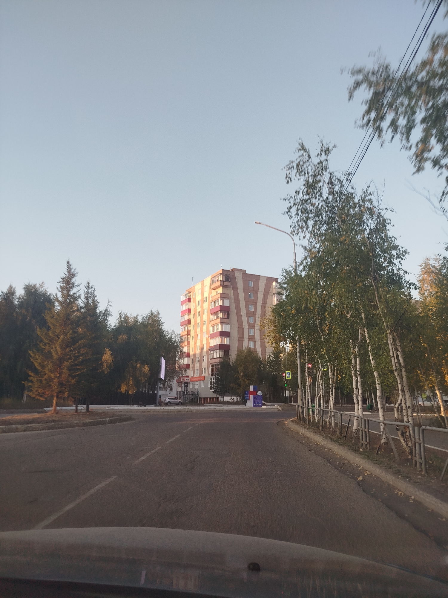 The image shows a street scene in the city of Mirny, Russia. A multi-story apartment building with a light brown and red facade is visible on the right side of the road. In front of the building, there are several birch trees with white bark and green leaves. A street lamp is also present. The road is paved and appears to be a city street, possibly with multiple lanes. The sky is clear and light blue. On the left side of the road, there are more trees, including a tall evergreen tree. A pedestrian crossing sign and a traffic light are visible further down the road. The foreground of the image shows the dashboard of a vehicle, suggesting the photo was taken from a car.
