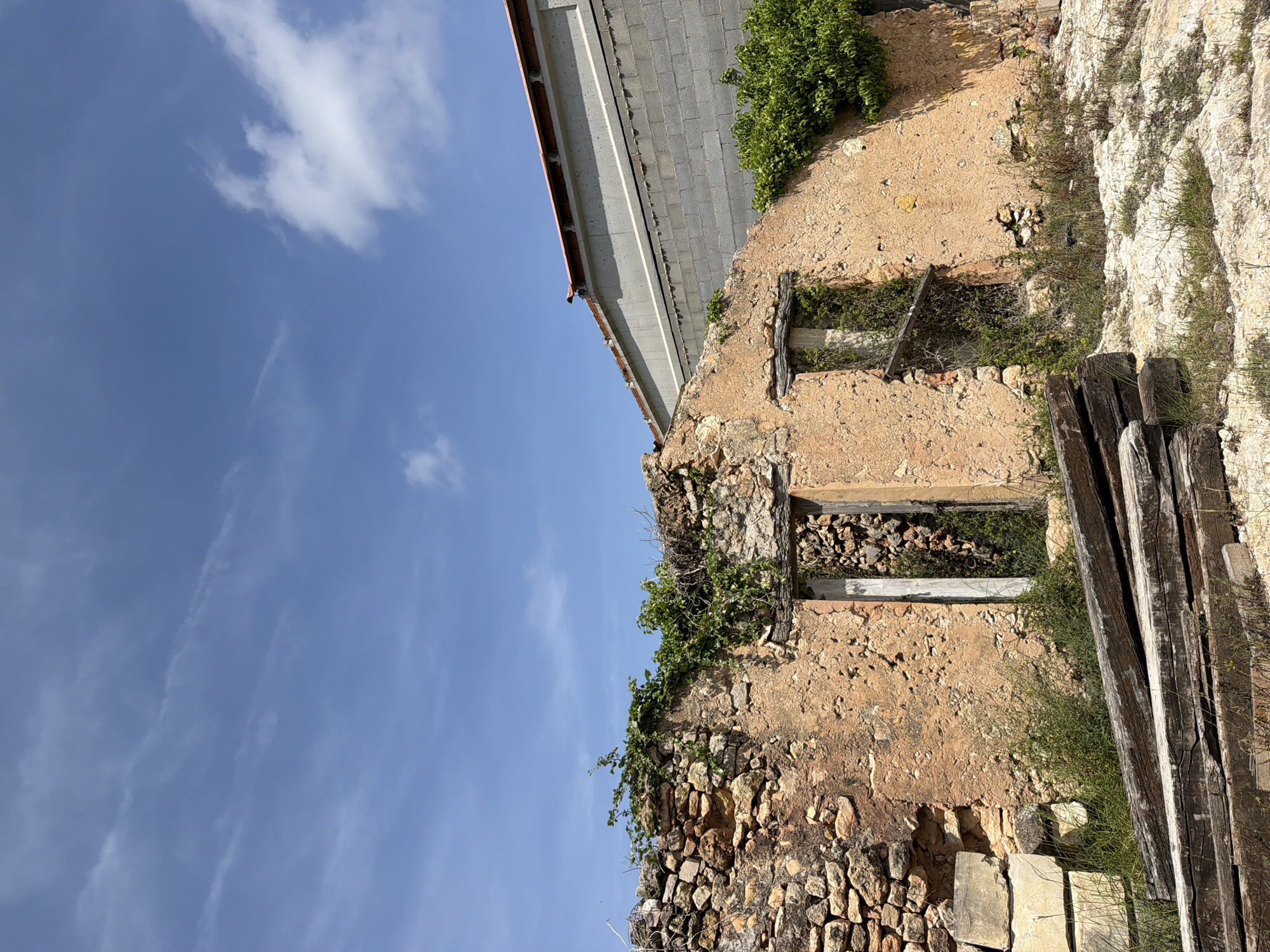The image shows a deteriorated building in Bonastre, Spain. The building's walls are constructed of stone and stucco, with two window openings framed by weathered wooden beams. Vegetation grows within and around the crumbling structure. Adjacent to the old building is a modern structure made of concrete blocks. The sky is blue with scattered clouds. Discarded wooden planks lean against the deteriorating structure.