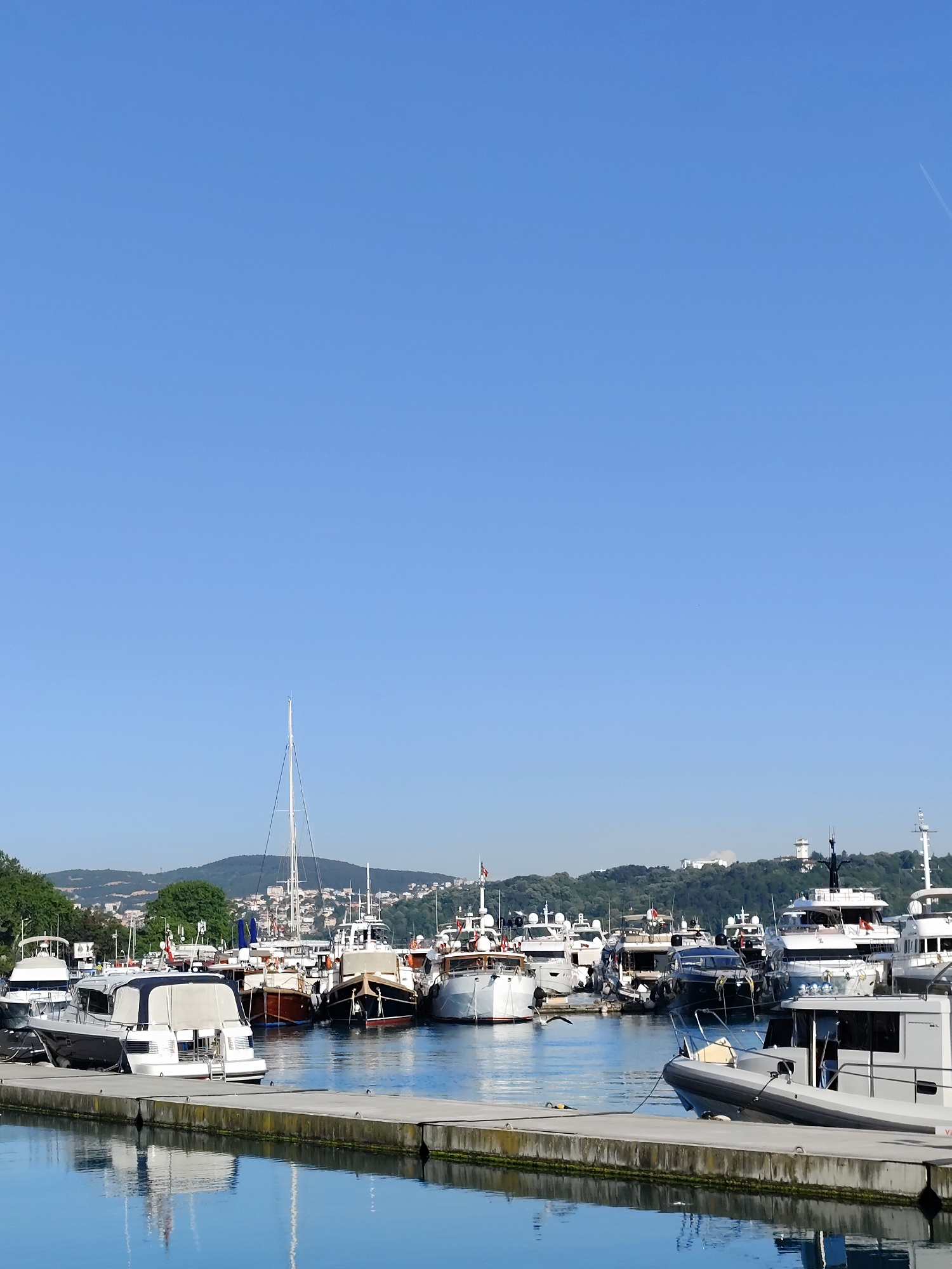 The image presents a serene marina scene in Sarıyer, Turkey, under a clear, bright blue sky. The foreground features a concrete pier extending from the left, with its calm reflection mirrored in the water below. Moored to the right side of the pier is a light grey rigid-hulled inflatable boat (RIB), while a white motor yacht is partially visible on the left.
The mid-ground is densely populated with numerous boats and yachts of various sizes and types, including sleek white motor cruisers, darker-hulled vessels, and a sailboat identifiable by its tall mast. These boats are gently reflected in the still, blue water of the harbor.
Behind the marina, a verdant hillside ascends, adorned with scattered white buildings and dense green trees, suggesting a coastal town or residential area overlooking the water. The sky, dominating the upper portion of the frame, is an uninterrupted expanse of clear blue, with a faint aircraft contrail visible in the upper right. The bright, even illumination indicates it is daytime, likely morning or early afternoon, contributing to a peaceful and tranquil atmosphere. There are no people visible, nor any specific activities taking place. No discernible text is present on any objects in the scene.