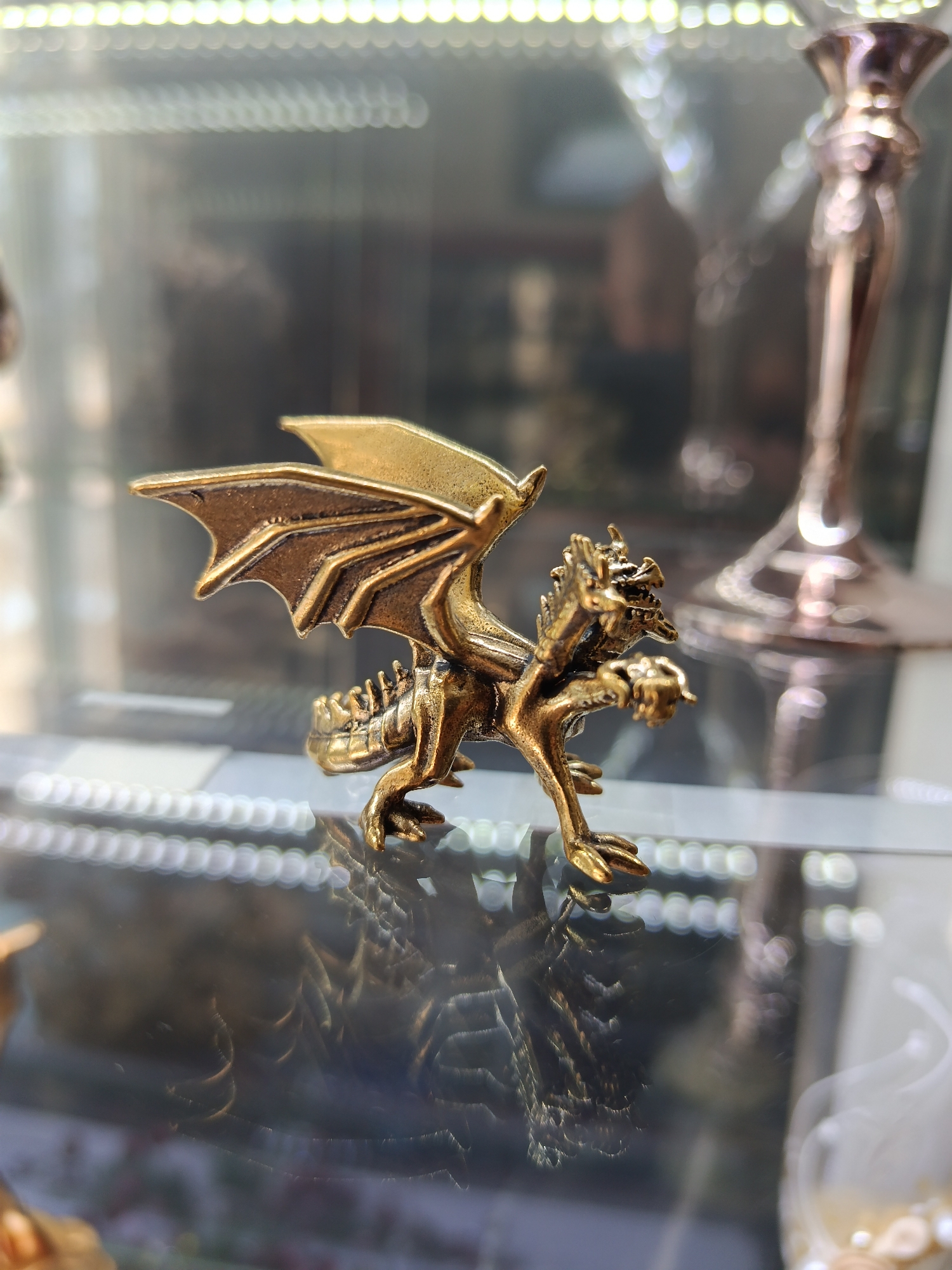 The image shows a close-up, eye-level shot of a small, antique brass dragon figurine. The figurine is detailed, with visible scales on its body, wings, and head, as well as claws on its feet. It appears to be in a display case, with a reflective surface beneath it showing a distorted reflection of the dragon and its surroundings. The background is blurred, but suggests other items in display cases, possibly in a shop or museum. There are no people visible in the image. The lighting appears to be from above, creating highlights on the metallic surface of the figurine. The location in Mykolaiv, Ukraine cannot be determined from the image.