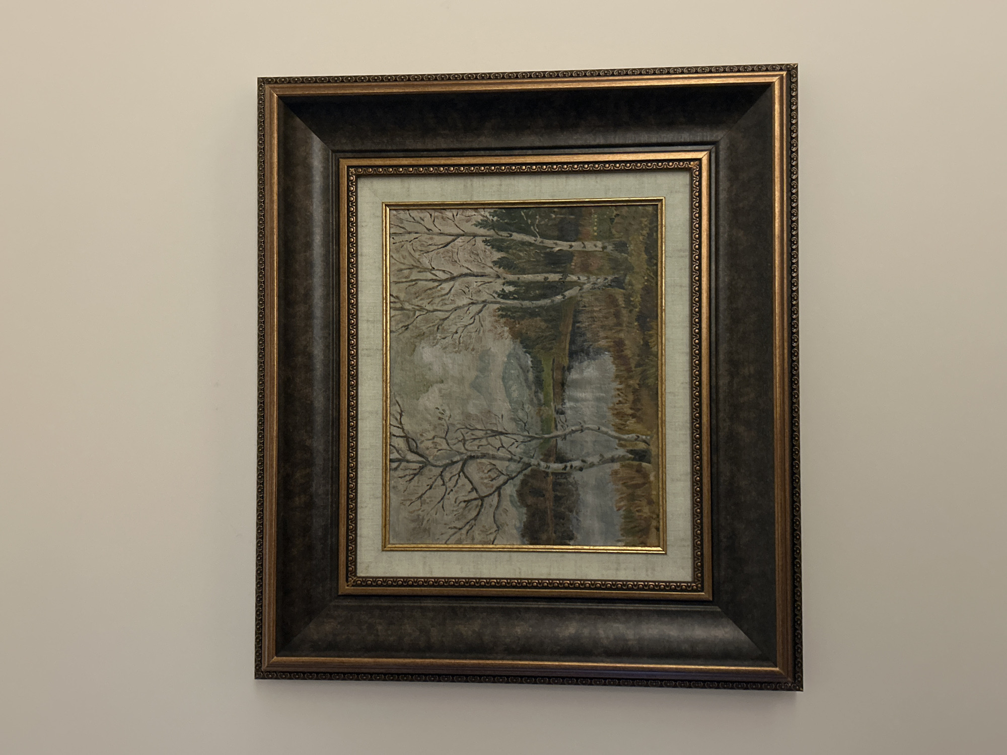 A framed painting hangs on a neutral-colored wall. The painting depicts bare trees reflected in a body of water. The frame has multiple layers, including a thick, dark outer frame with a beaded pattern, a thinner inner frame with a gold accent, and another frame with a light-colored fabric mat.
There is no indication the image is in Plovdiv, Bulgaria.