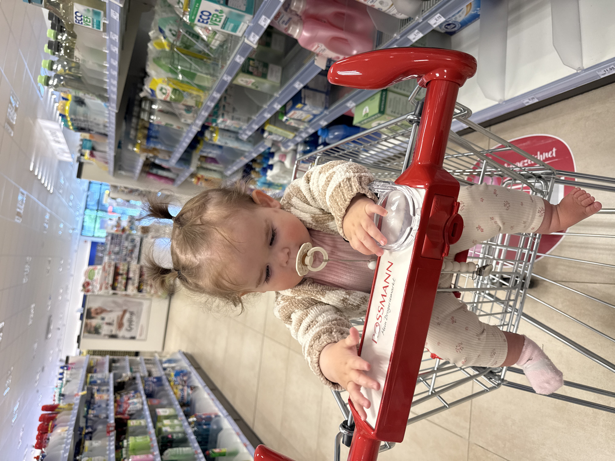 A young child, appearing to be between 12 and 24 months old, sits in a shopping cart in a Rossmann drugstore. The child has light brown hair styled in two pigtails and is wearing a light brown textured cardigan over a pink shirt and patterned leggings with pink socks. A pacifier is in the child's mouth. The child's hands rest on the red handle of the shopping cart, which displays the "ROSSMANN Mein Drogeriemarkt" logo. The shopping cart is positioned in an aisle stocked with various household and personal care products on both sides. The flooring appears to be tiled. The store is brightly lit with fluorescent ceiling lights. The location is identified as a Rossmann drugstore in Braunfels, Germany.