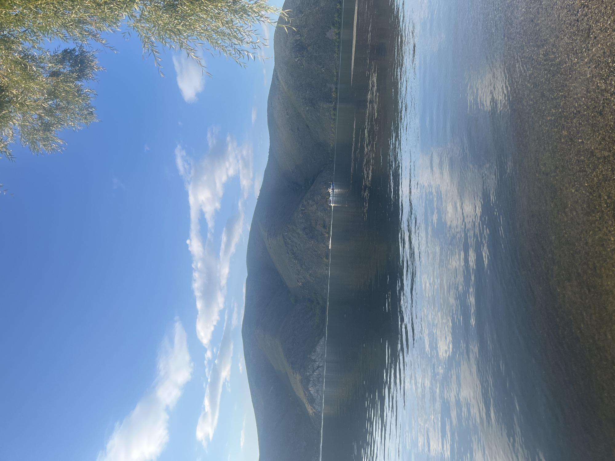 The image shows a wide, calm body of water, likely a river or lake, with a mountainous landscape in the background. The water surface is dark and reflects the sky and the mountains. The mountains are covered in green vegetation and appear to be rolling hills. There are a few white clouds in a bright blue sky. In the distance, on the water, a white boat is visible. On the right side of the image, the branches of a tree with green leaves hang down from the top. The foreground shows the shallow, clear water of the shoreline, with pebbles and stones visible beneath the surface. The scene is tranquil and depicts a natural environment. This scene is likely the Irtysh River in the vicinity of Oskemen, Kazakhstan, a city known for its location along this major river and its surrounding natural beauty.