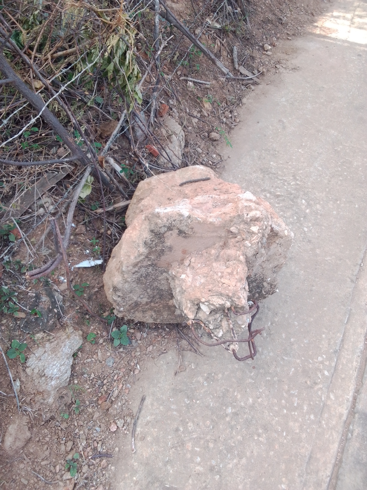 The image depicts a concrete debris chunk with exposed rebar, resting on a dirt and gravel area next to a paved surface. The debris is rough and irregular in shape, with visible aggregate within the concrete. Several rusty metal rods protrude from the bottom of the concrete piece. The surrounding environment is dry and dusty, with sparse vegetation, including dry branches and small green plants. The paved surface appears to be a walkway or road. The scene is natural and undisturbed, with no signs of human activity other than the presence of the debris itself. The lighting suggests it is daytime. The location is identified as La Tagua, Venezuela.