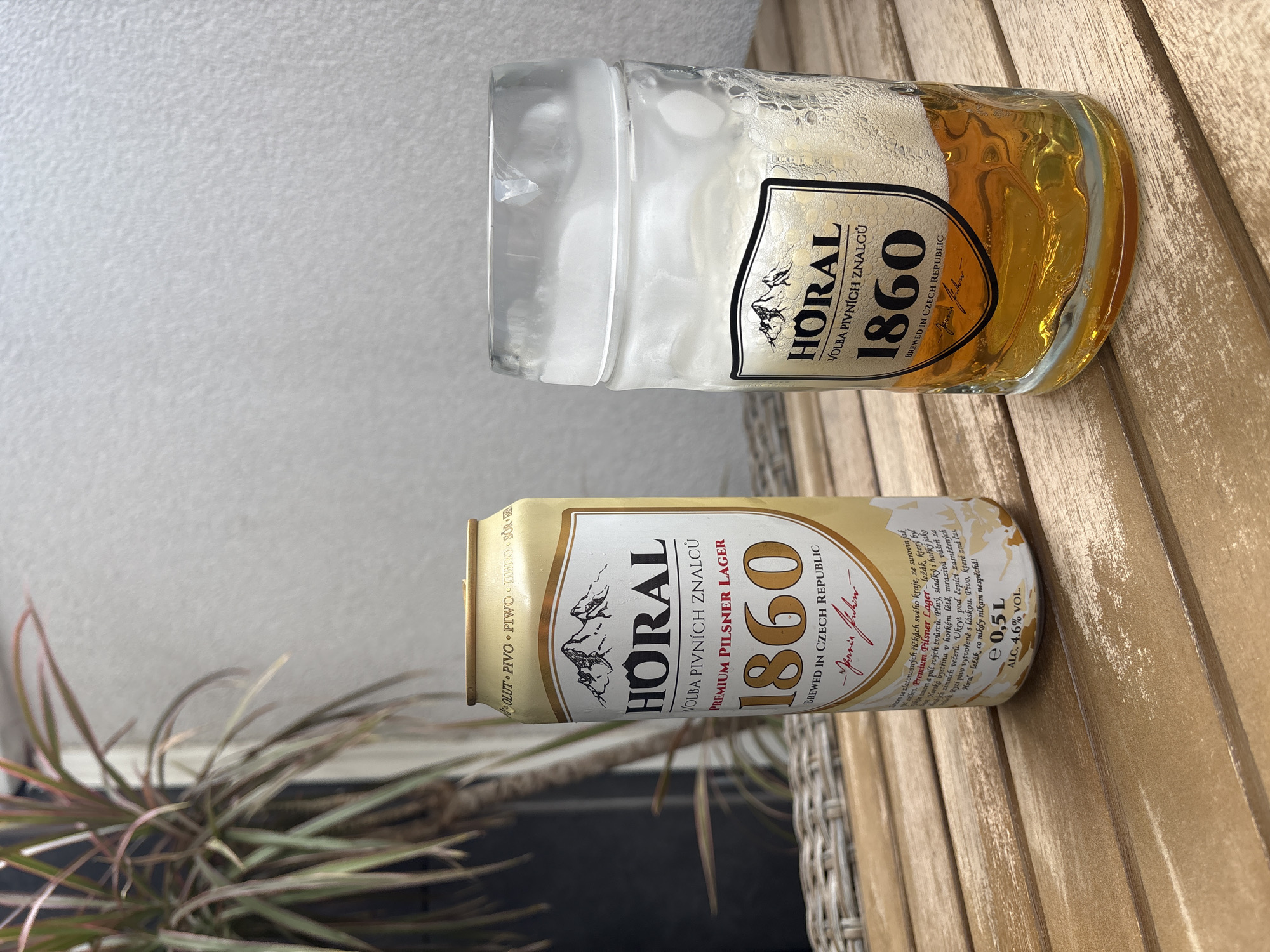 This media file shows a close-up, overhead shot of a bottle of Horal 1860 Pilsner Lager and a beer glass filled with the same beer. The bottle and glass are placed on a wooden surface, likely a table. The background is a light-colored, textured wall. To the left of the wooden surface, a blurred plant with long, slender leaves is visible. The lighting suggests it could be daytime, possibly outdoors given the wooden table and plant.
The beer bottle is light yellow with a white label featuring a crest with mountains, the text "HORAL" in large letters, "VOLBA PIVNÍCH ZNALCŮ" (Choice of Beer Connoisseurs), "PREMIUM PILSNER LAGER," the year "1860," and "BREWED IN CZECH REPUBLIC" with a signature. The can also displays "e 0,5 L" and "ALC. 4.6% VOL." The beer glass is frosted and filled with golden beer topped with a thick white head.
The text on the bottle is clearly legible and provides information about the beer's origin, type, and brand. There are no people or animals in the frame. The scene appears to be set up for enjoying a beer, possibly in a relaxed, outdoor setting. The orientation of the image is rotated 90 degrees counter-clockwise.