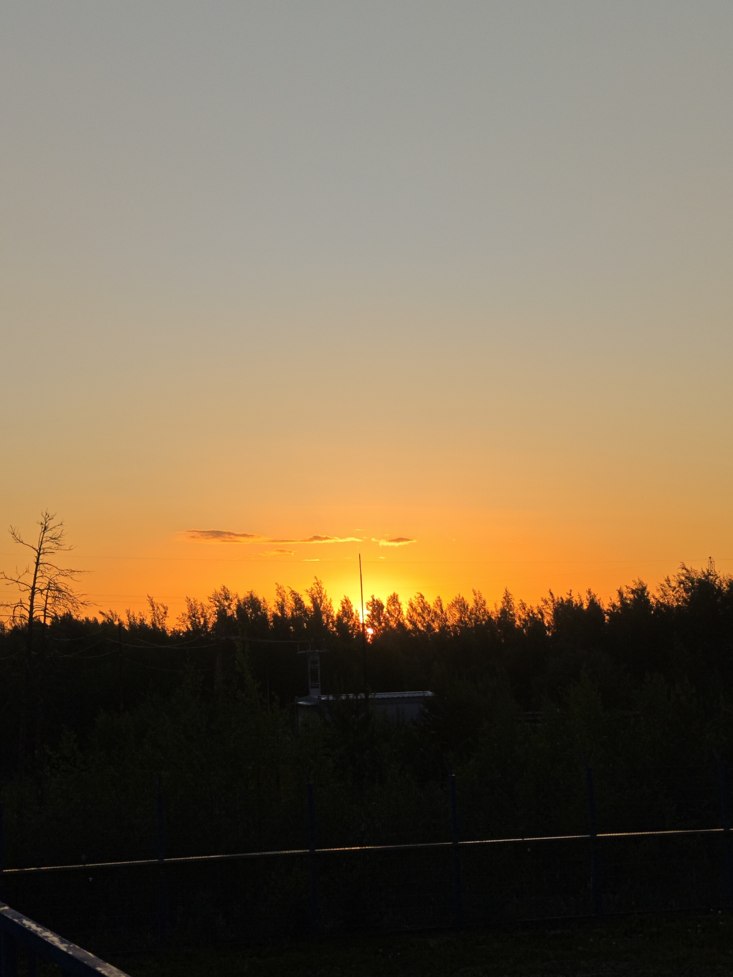 This image captures a sunset over a silhouetted treeline in an unknown location. The sky transitions from a pale blue at the top to a vibrant orange near the horizon. The sun is a bright, concentrated orb peeking through the dense foliage, casting a warm glow. Several trees, some bare and others with foliage, are visible against the fiery sky. In the middle ground, a few small structures or utility equipment are subtly outlined against the darker landscape. A dark, metallic fence runs horizontally across the lower portion of the image, with posts visible. The foreground is mostly dark, with some hints of grass or ground cover.