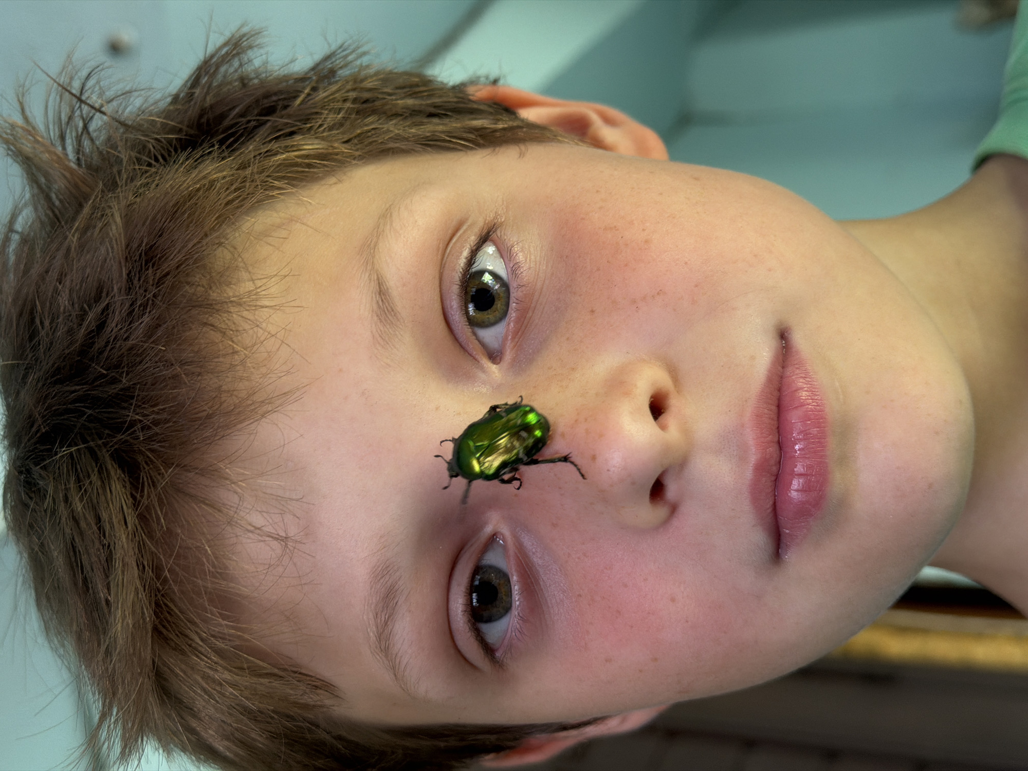 A close-up, eye-level shot shows a young boy's face with a vibrant green beetle perched on his nose. The boy has light skin with scattered freckles and rosy cheeks. His brown hair is tousled, and his eyes are open and looking forward. The beetle is positioned horizontally, facing left, with its legs extended. The background is a soft blue-green, creating a slightly out-of-focus backdrop. There is no indication of the city of Уральское, Russia in this image.