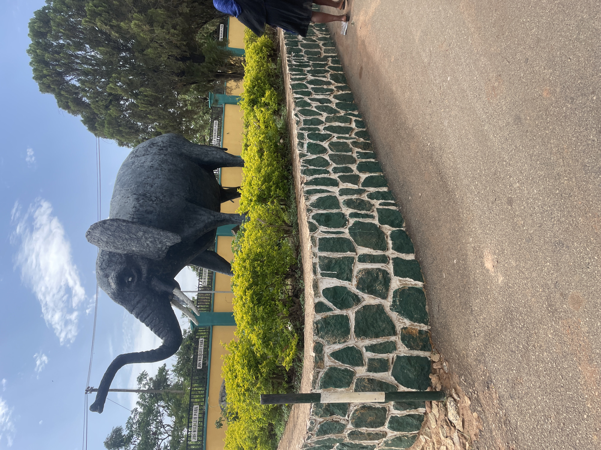 The image shows a statue of an elephant at the Jos Wildlife Park in Jos, Nigeria. The statue is grey and positioned behind a low stone wall with green vegetation growing between the wall and the park's yellow fence, which has signage that reads "JOS WILDLIFE PARK". The foreground has a paved road that is cracked. Part of a tree is visible in the top left corner of the image and part of a person is visible in the top right corner. The sky is light blue with light clouds.