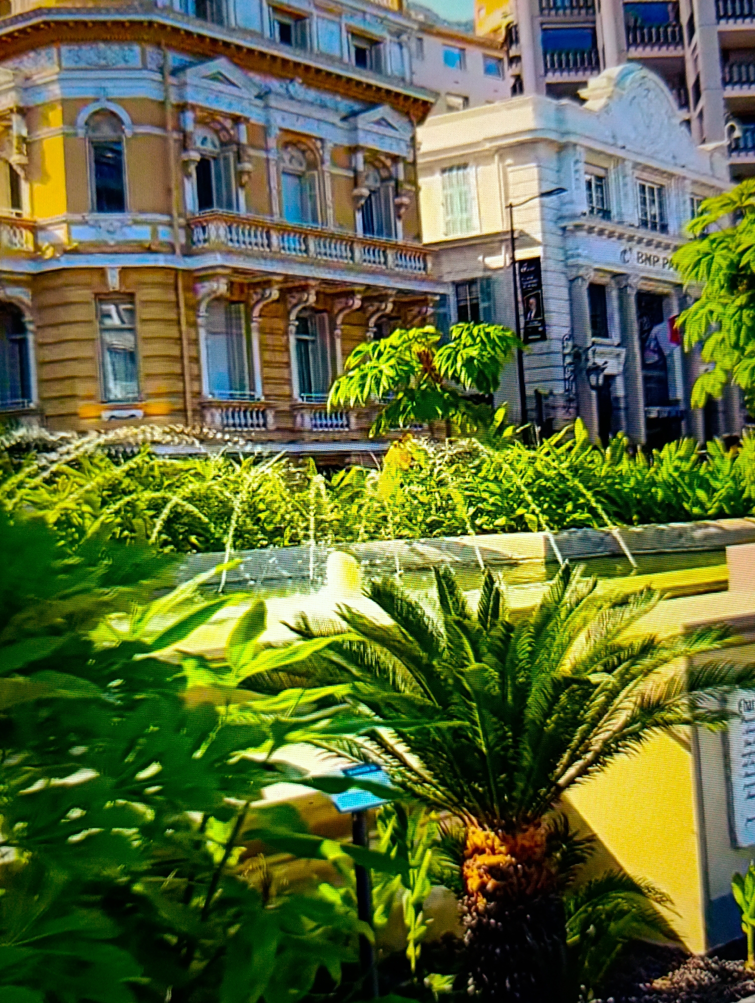 This image captures a vibrant urban scene. The foreground features a fountain surrounded by lush greenery, including palm trees and various plants. Behind the fountain stand two prominent buildings. The first is an ornate, multi-story structure with yellow and white architectural details, including balconies and decorative window frames. Adjacent to it is a lighter-colored building with classical architectural elements, identified as a BNP Paribas branch by signage. The overall environment suggests a well-maintained public space, possibly a park or plaza, within a city. Given the presence of the BNP Paribas branch, it's likely located in Europe, but a more precise city cannot be determined.