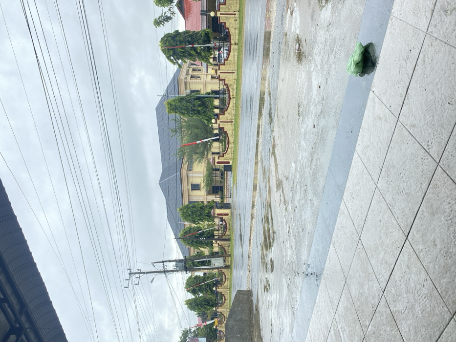 A street view on a gray, possibly wet day features a tiled sidewalk on the right. Beyond the wet pavement, a long, light yellow building with a dark roof is visible, lined with trees. Indonesian flags stand in front of the trees. Power lines stretch across the sky to the left. A crumpled green object sits on the edge of the sidewalk.